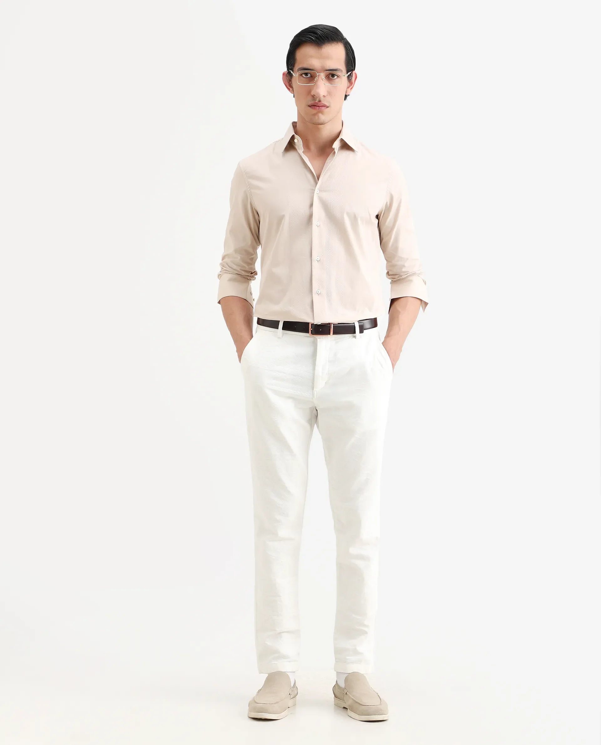 Rare Rabbit Men's Pedron Beige Cotton Plain Regular Fit Full Sleeve Collared Shirt - Image 2