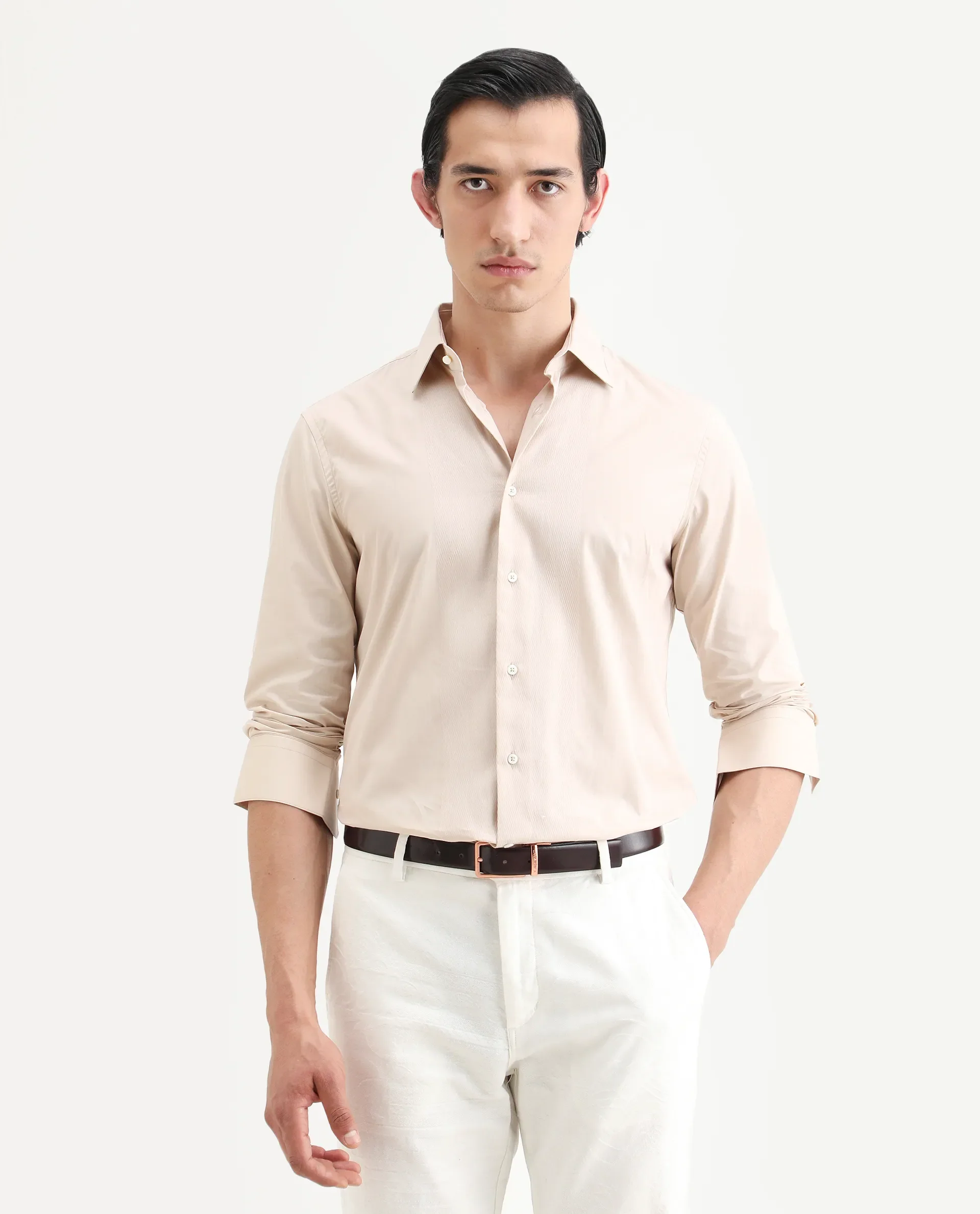 Rare Rabbit Men's Pedron Beige Cotton Plain Regular Fit Full Sleeve Collared Shirt - Image 3