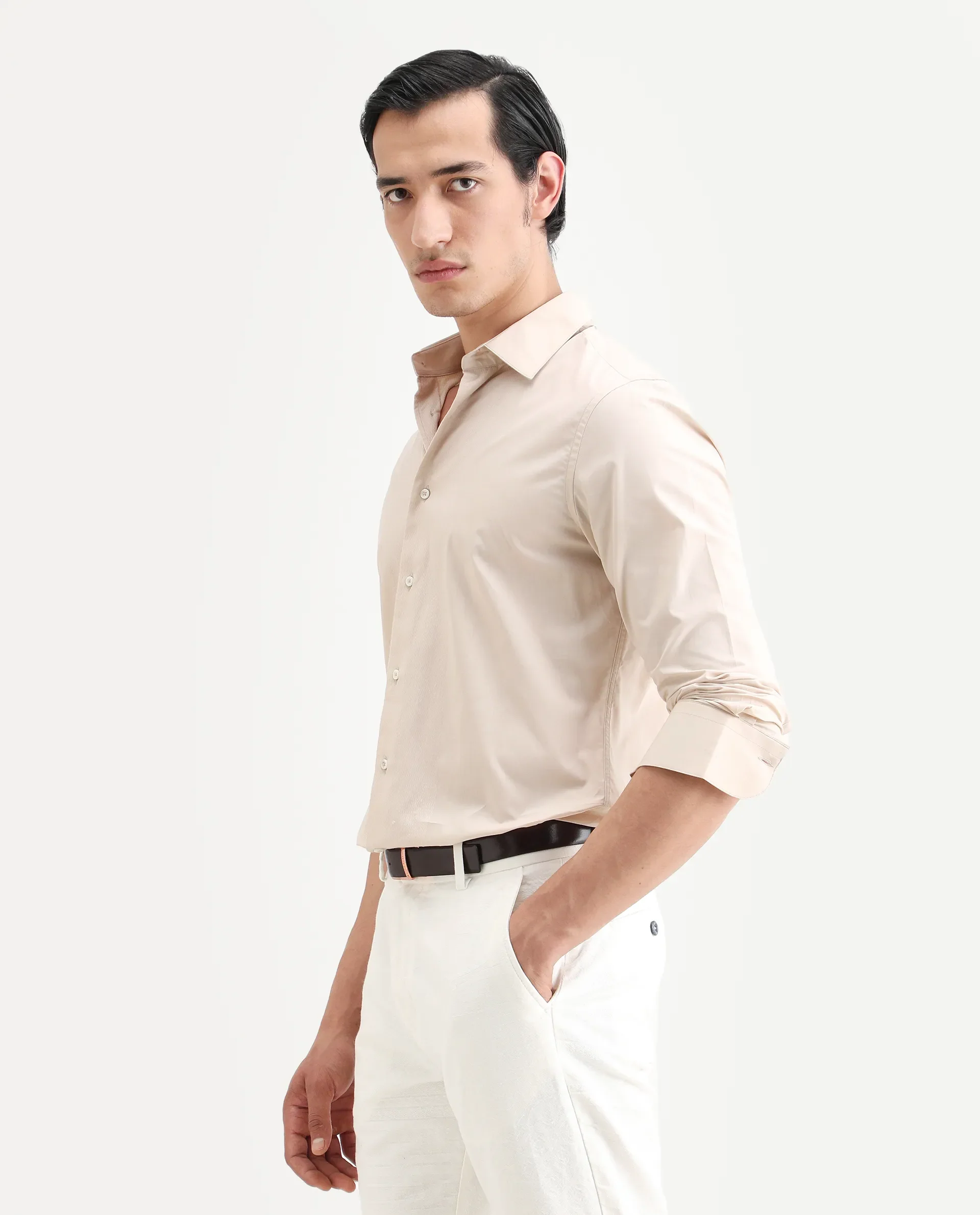 Rare Rabbit Men's Pedron Beige Cotton Plain Regular Fit Full Sleeve Collared Shirt - Image 5