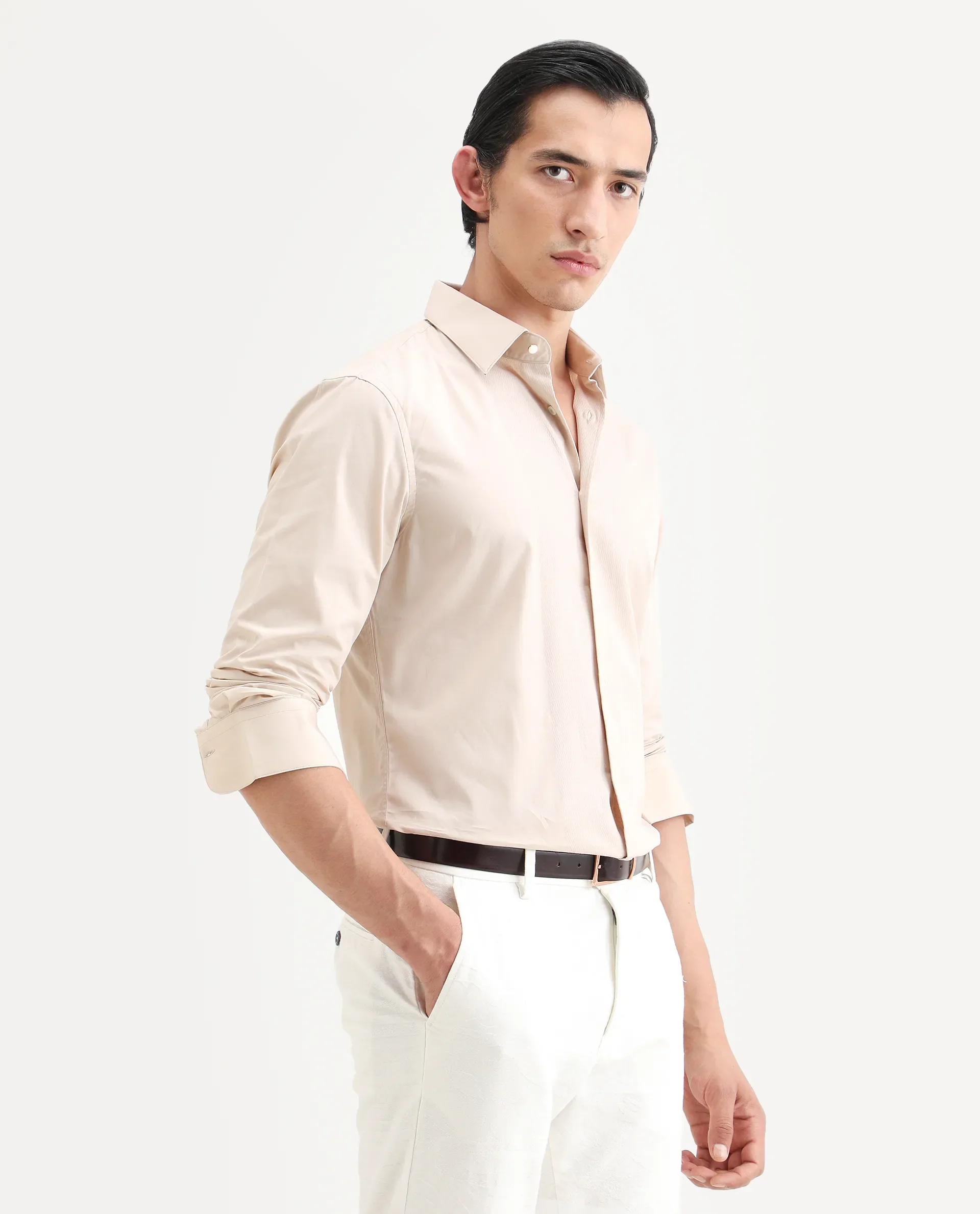 Rare Rabbit Men's Pedron Beige Cotton Plain Regular Fit Full Sleeve Collared Shirt - Image 6