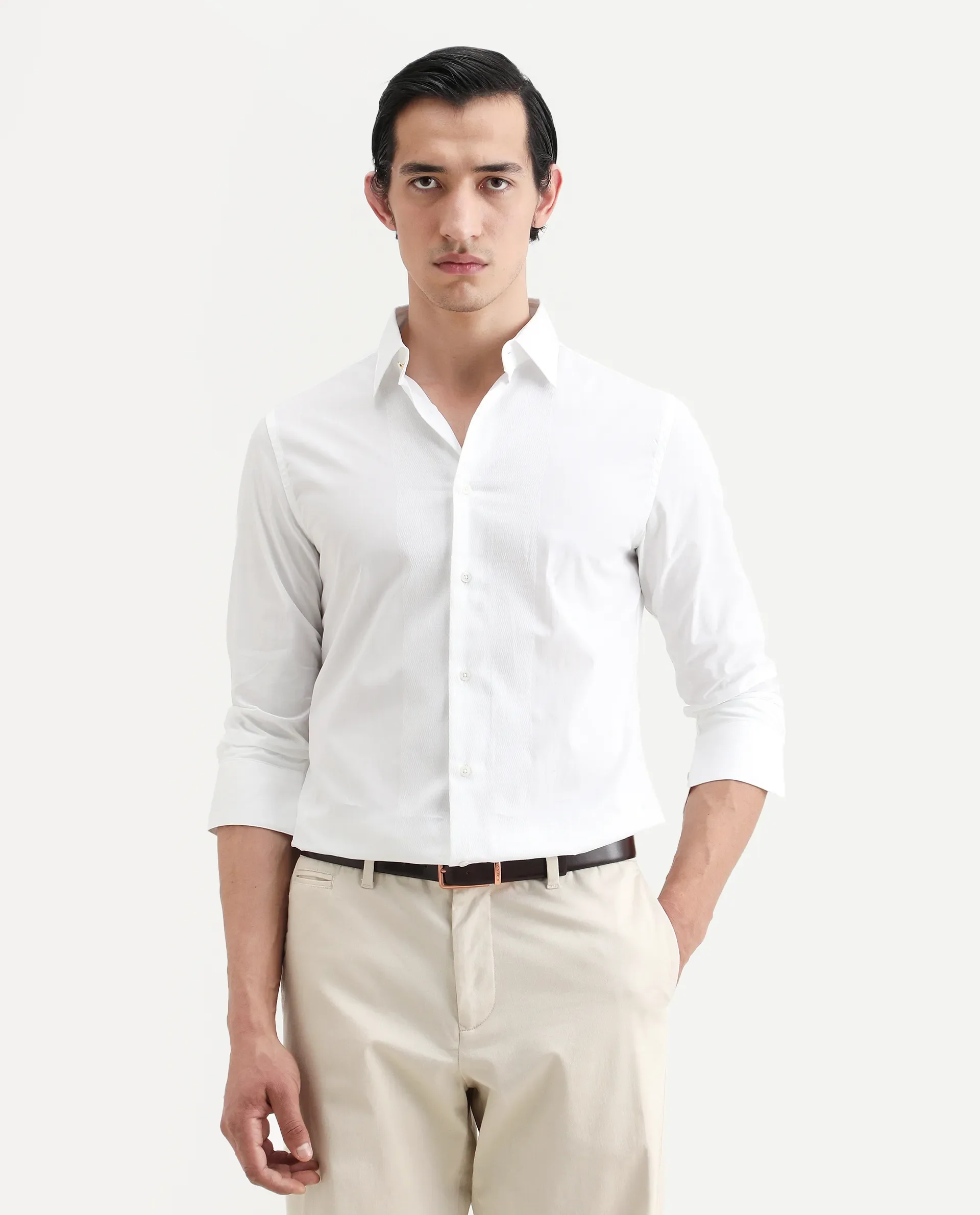 Rare Rabbit Men's Pedron White Cotton Plain Regular Fit Full Sleeve Collared Shirt - Image 3