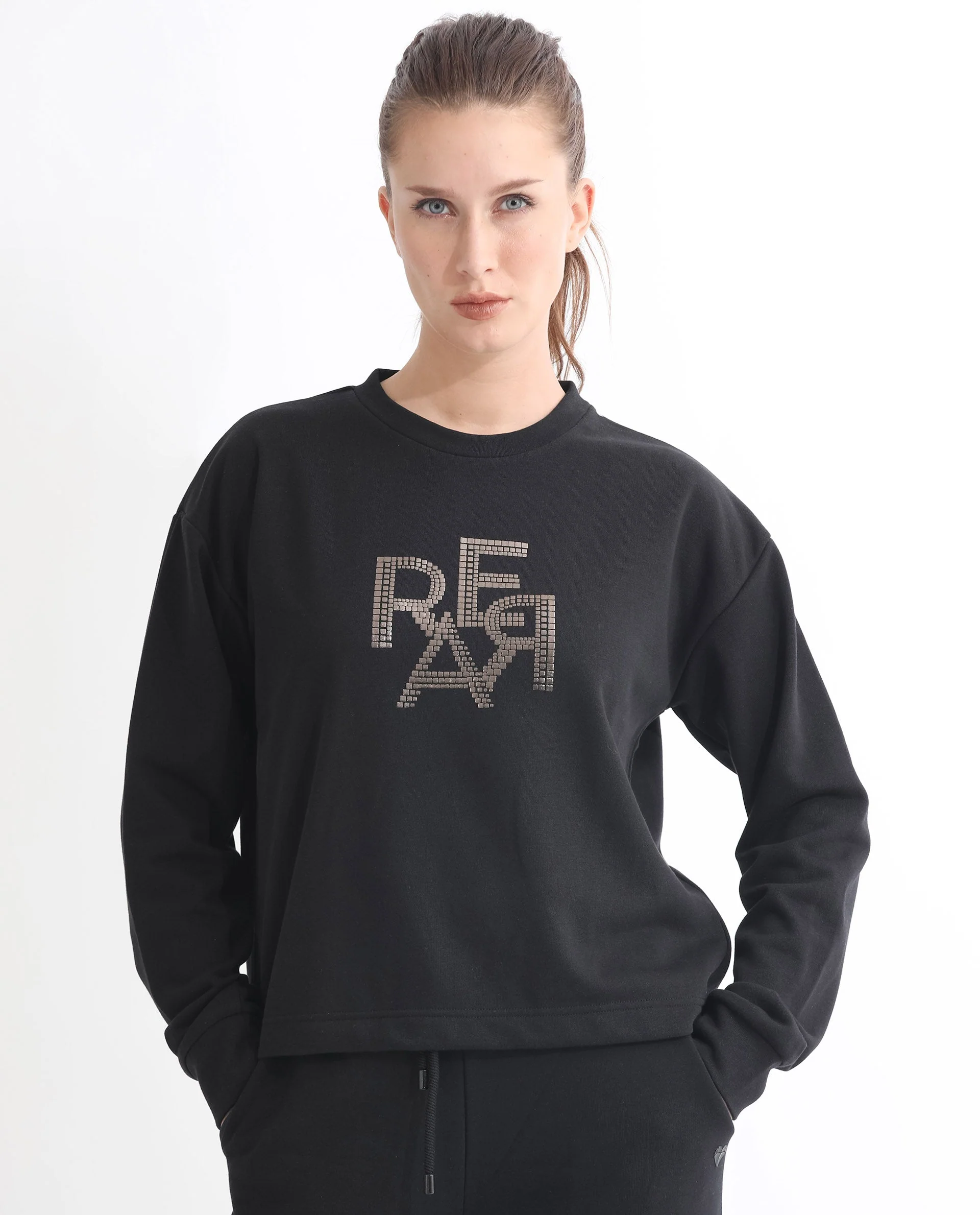 Rareism Women's Peggy Black Polyester Blend Ribbed Collar Graphic Print Cuffed Sleeve Relaxed Fit Sweatshirt