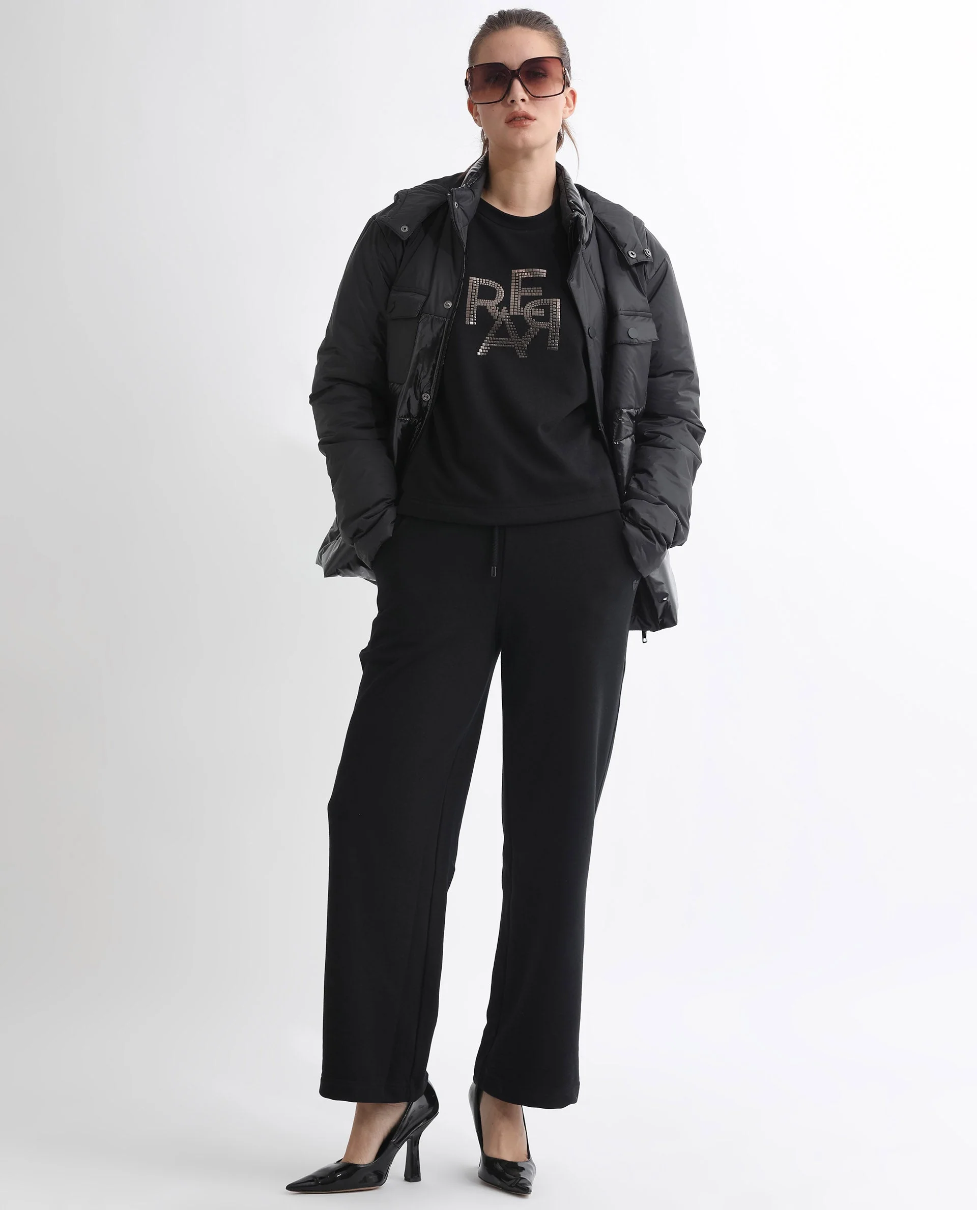 Rareism Women's Peggy Black Polyester Blend Ribbed Collar Graphic Print Cuffed Sleeve Relaxed Fit Sweatshirt - Image 10