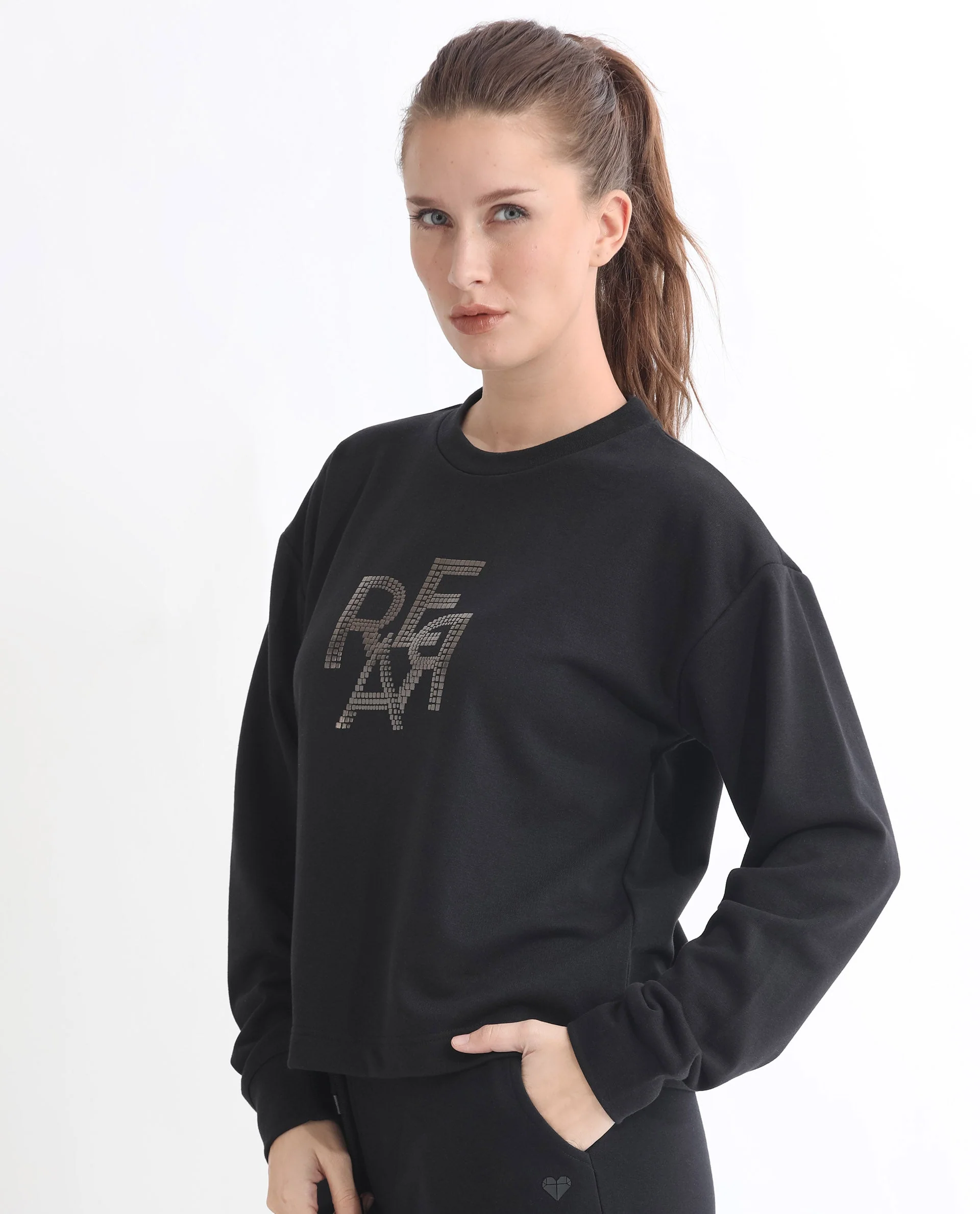Rareism Women's Peggy Black Polyester Blend Ribbed Collar Graphic Print Cuffed Sleeve Relaxed Fit Sweatshirt - Image 12