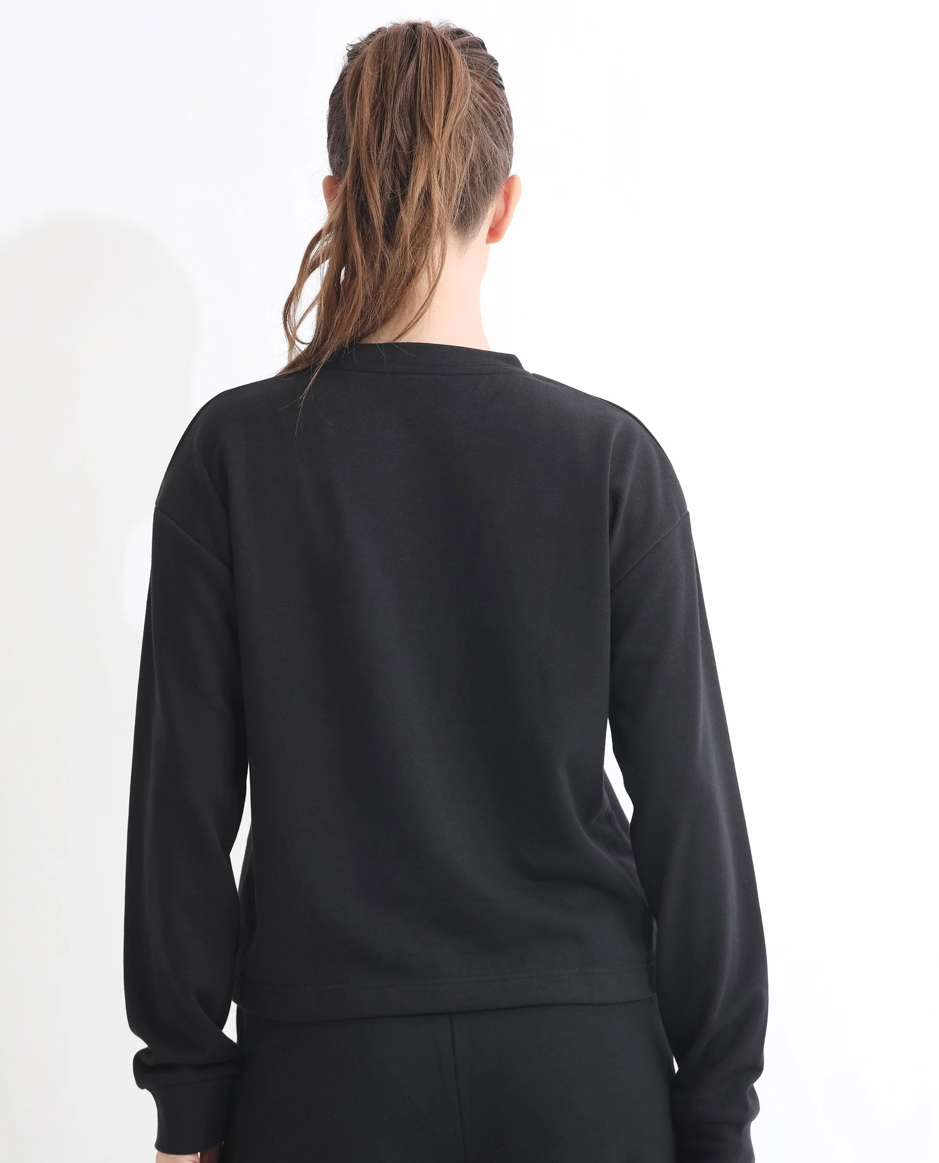 Rareism Women's Peggy Black Polyester Blend Ribbed Collar Graphic Print Cuffed Sleeve Relaxed Fit Sweatshirt - Image 15