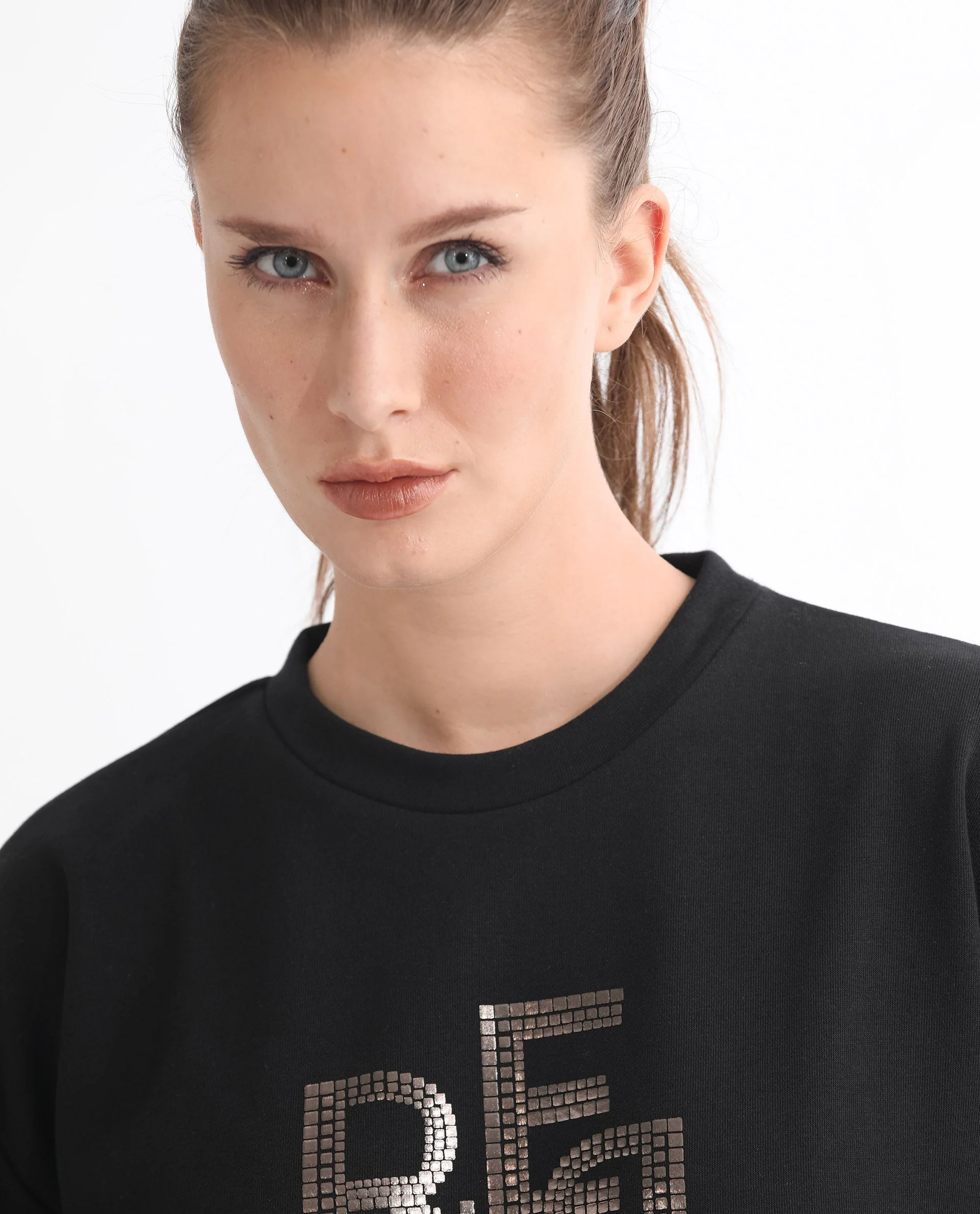 Rareism Women's Peggy Black Polyester Blend Ribbed Collar Graphic Print Cuffed Sleeve Relaxed Fit Sweatshirt - Image 2