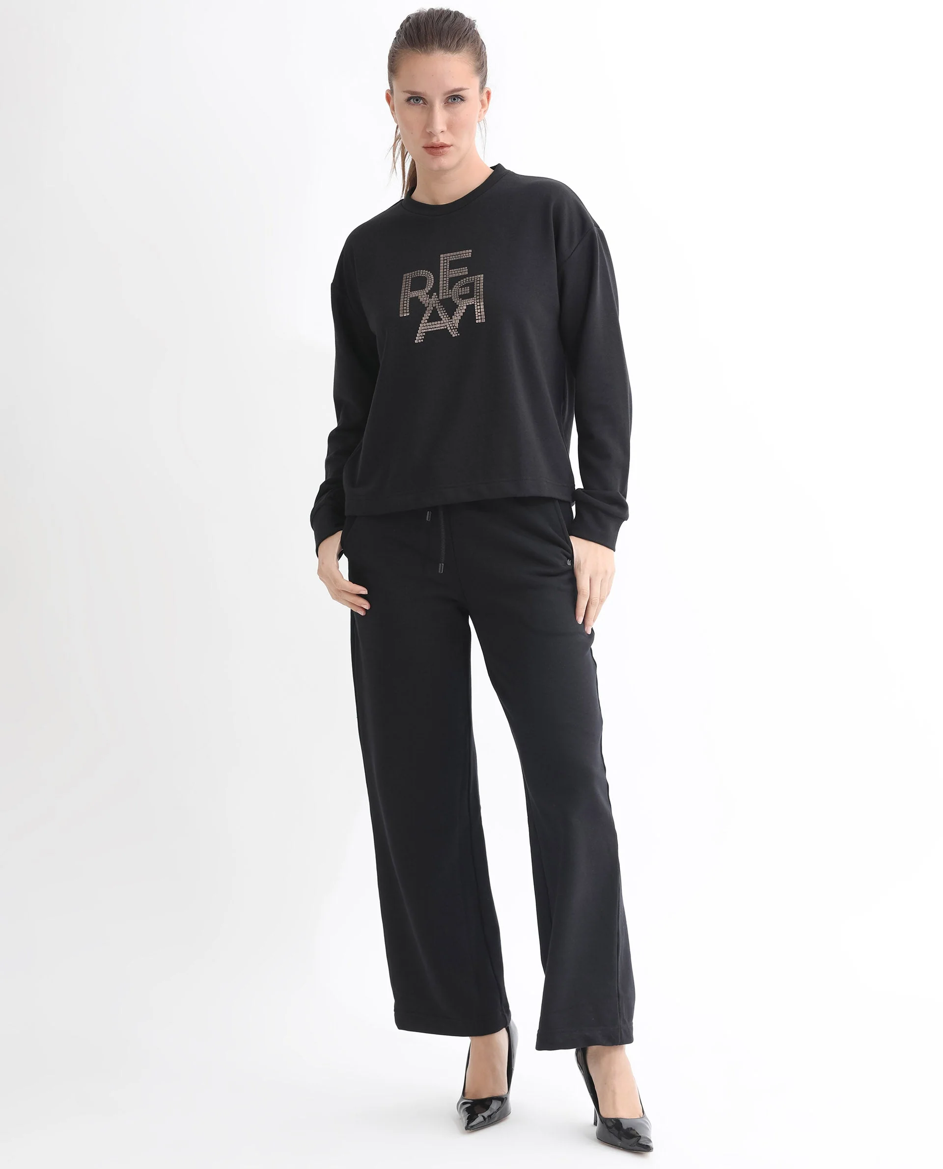 Rareism Women's Peggy Black Polyester Blend Ribbed Collar Graphic Print Cuffed Sleeve Relaxed Fit Sweatshirt - Image 3