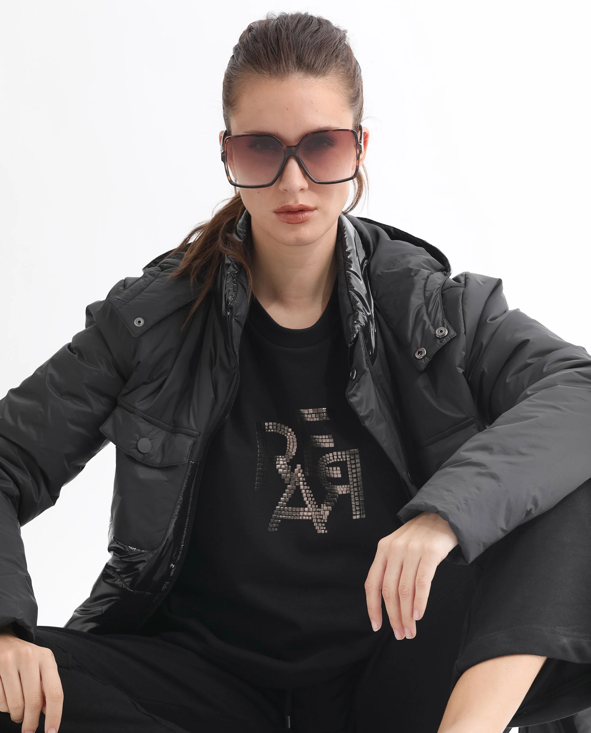 Rareism Women's Peggy Black Polyester Blend Ribbed Collar Graphic Print Cuffed Sleeve Relaxed Fit Sweatshirt - Image 4