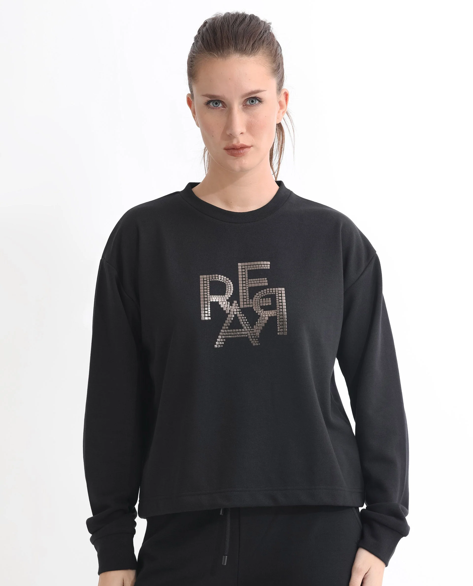 Rareism Women's Peggy Black Polyester Blend Ribbed Collar Graphic Print Cuffed Sleeve Relaxed Fit Sweatshirt - Image 5