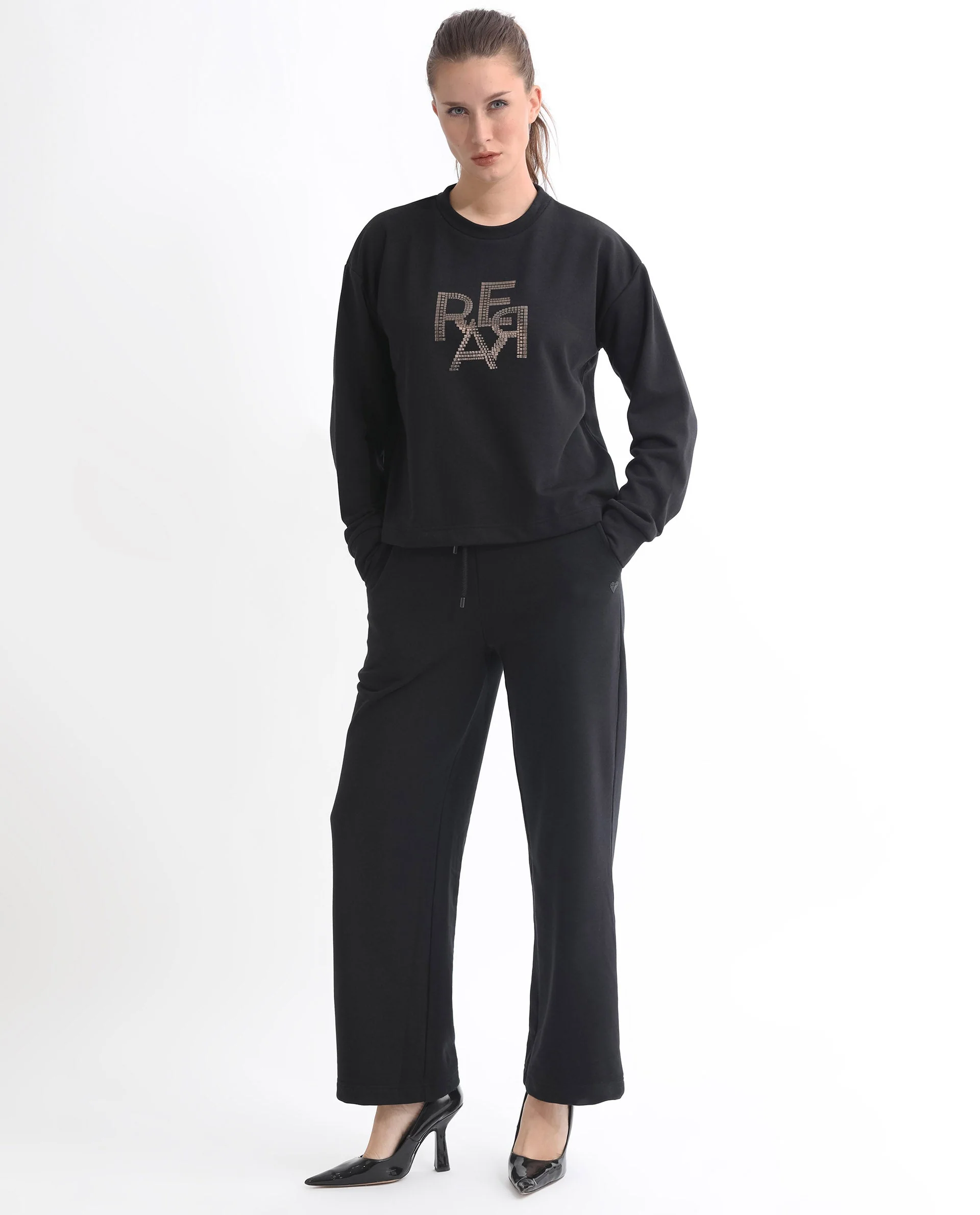 Rareism Women's Peggy Black Polyester Blend Ribbed Collar Graphic Print Cuffed Sleeve Relaxed Fit Sweatshirt - Image 6