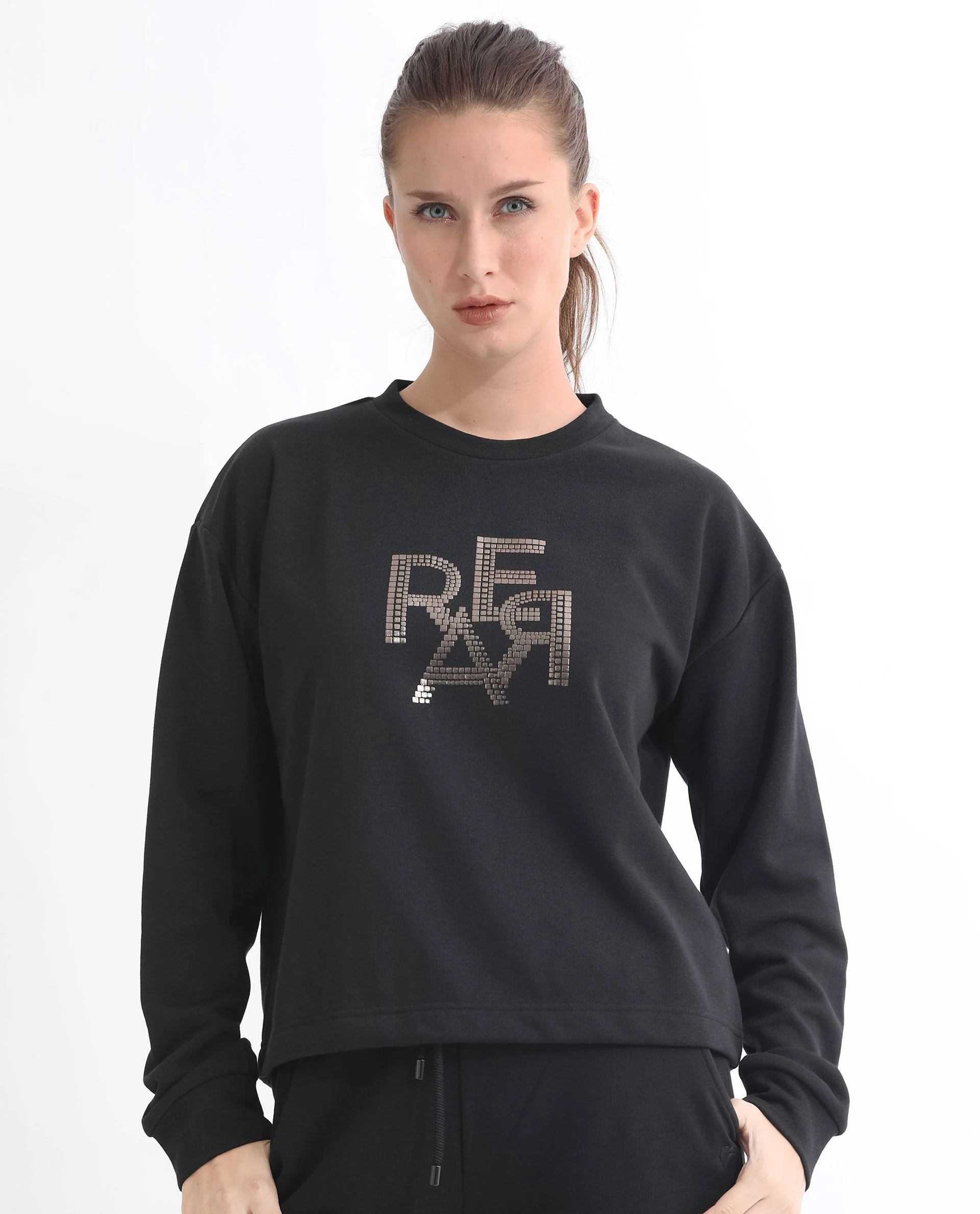 Rareism Women's Peggy Black Polyester Blend Ribbed Collar Graphic Print Cuffed Sleeve Relaxed Fit Sweatshirt - Image 7
