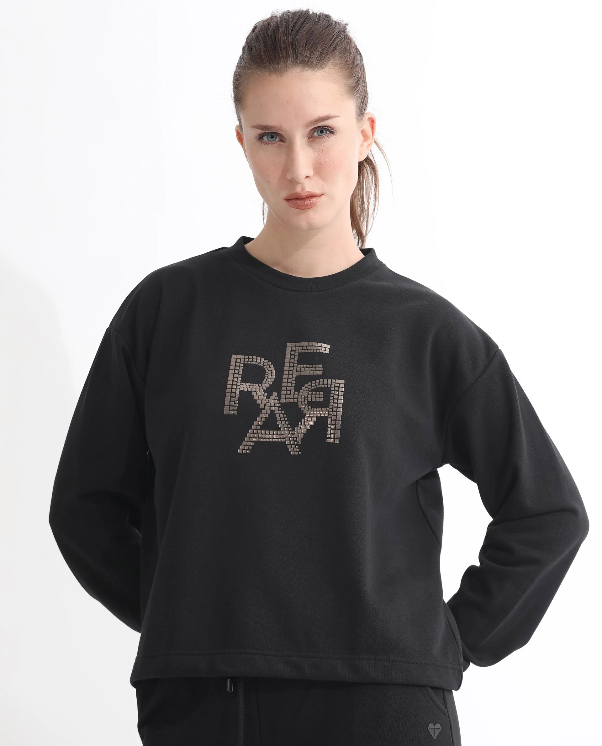 Rareism Women's Peggy Black Polyester Blend Ribbed Collar Graphic Print Cuffed Sleeve Relaxed Fit Sweatshirt - Image 8