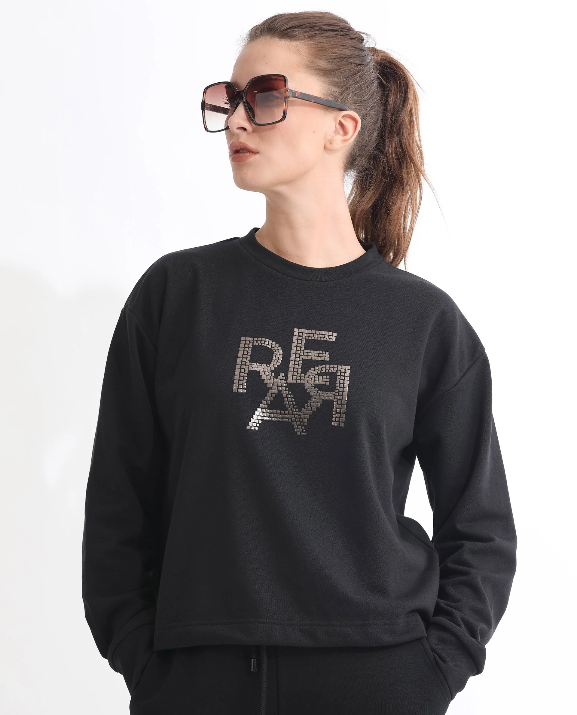Rareism Women's Peggy Black Polyester Blend Ribbed Collar Graphic Print Cuffed Sleeve Relaxed Fit Sweatshirt - Image 9