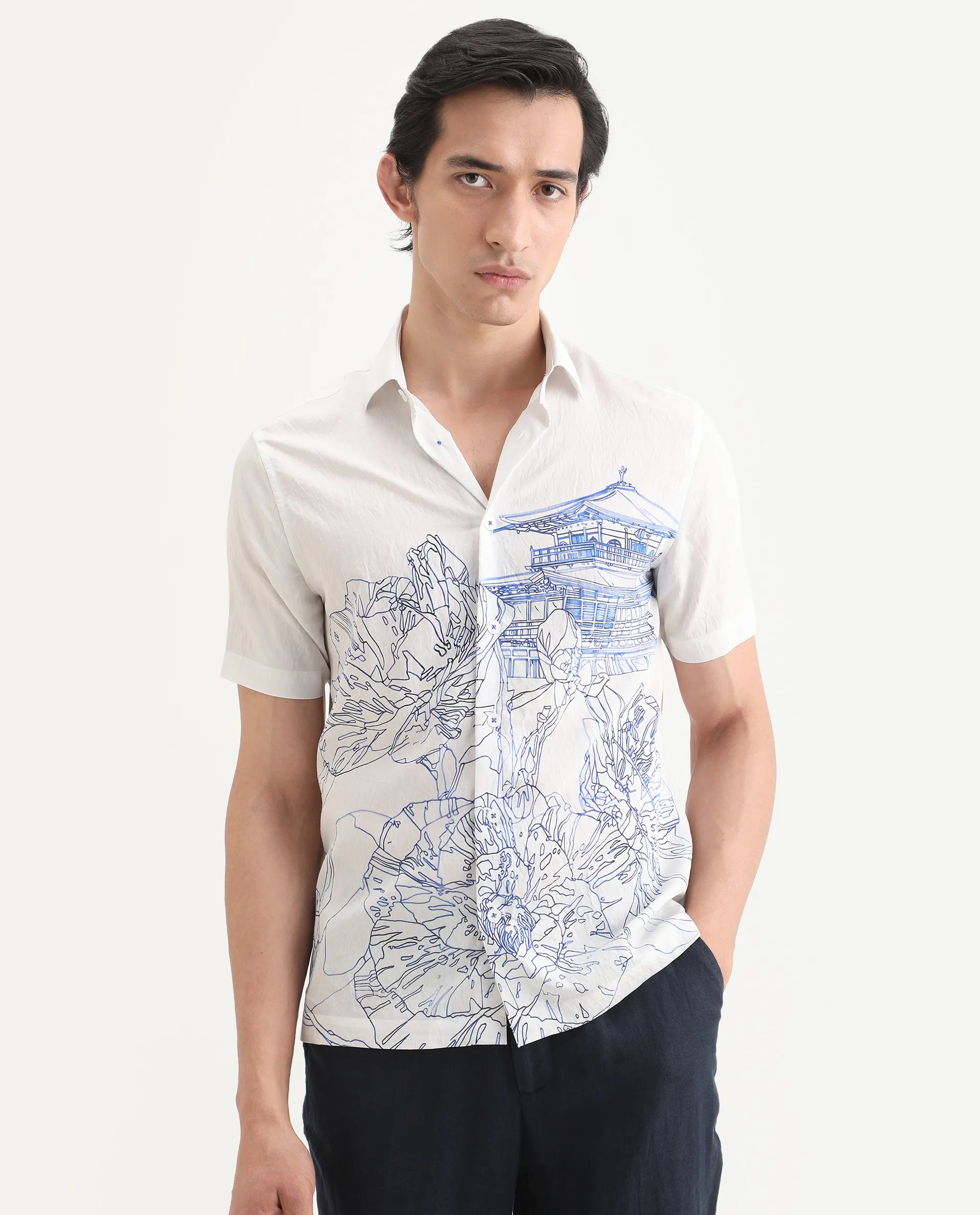 Rare Rabbit Men's Peine White Cotton Fabric Half Sleeve Spread Collar Regular Fit Graphic Print Shirt - Image 3