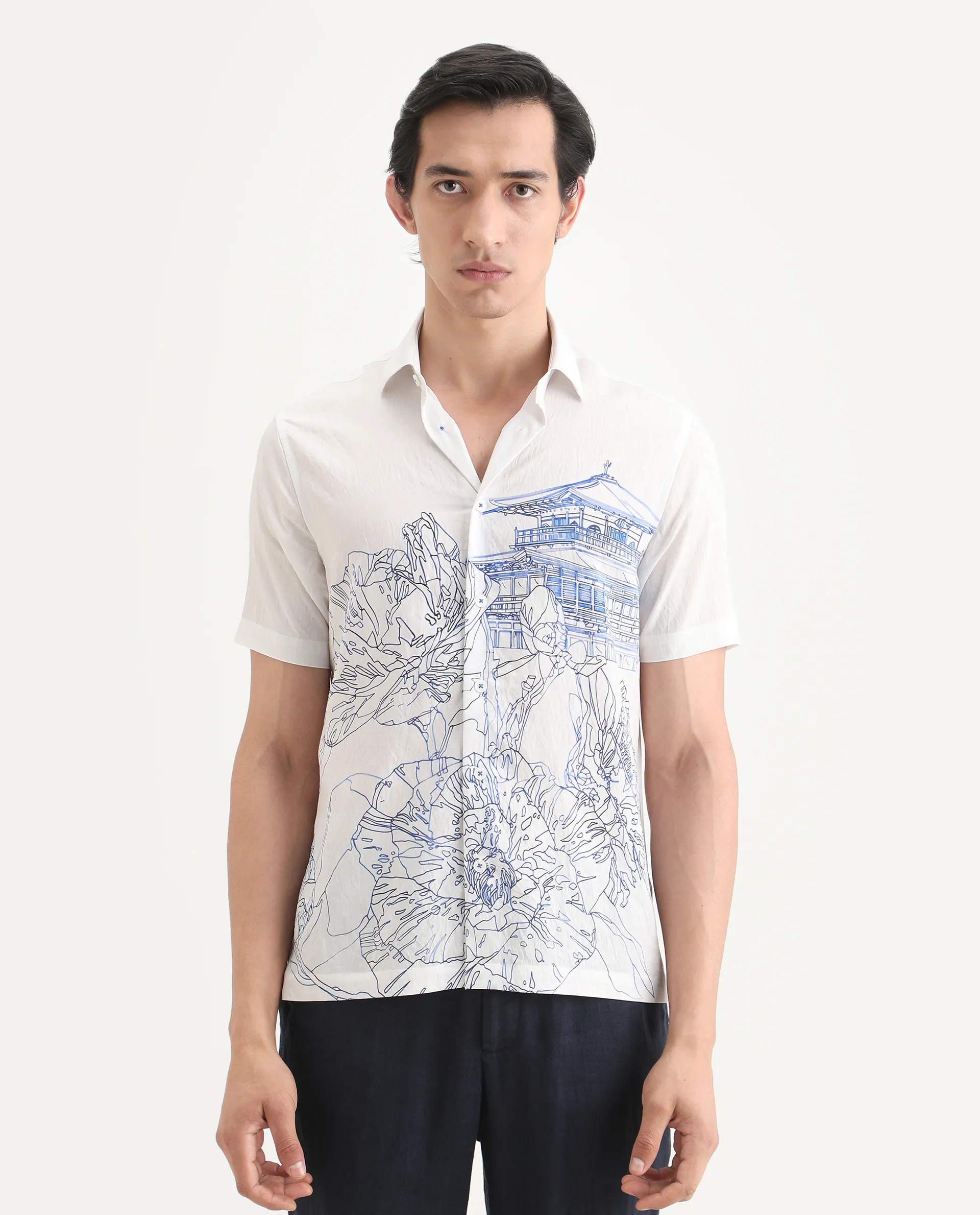 Rare Rabbit Men's Peine White Cotton Fabric Half Sleeve Spread Collar Regular Fit Graphic Print Shirt - Image 4