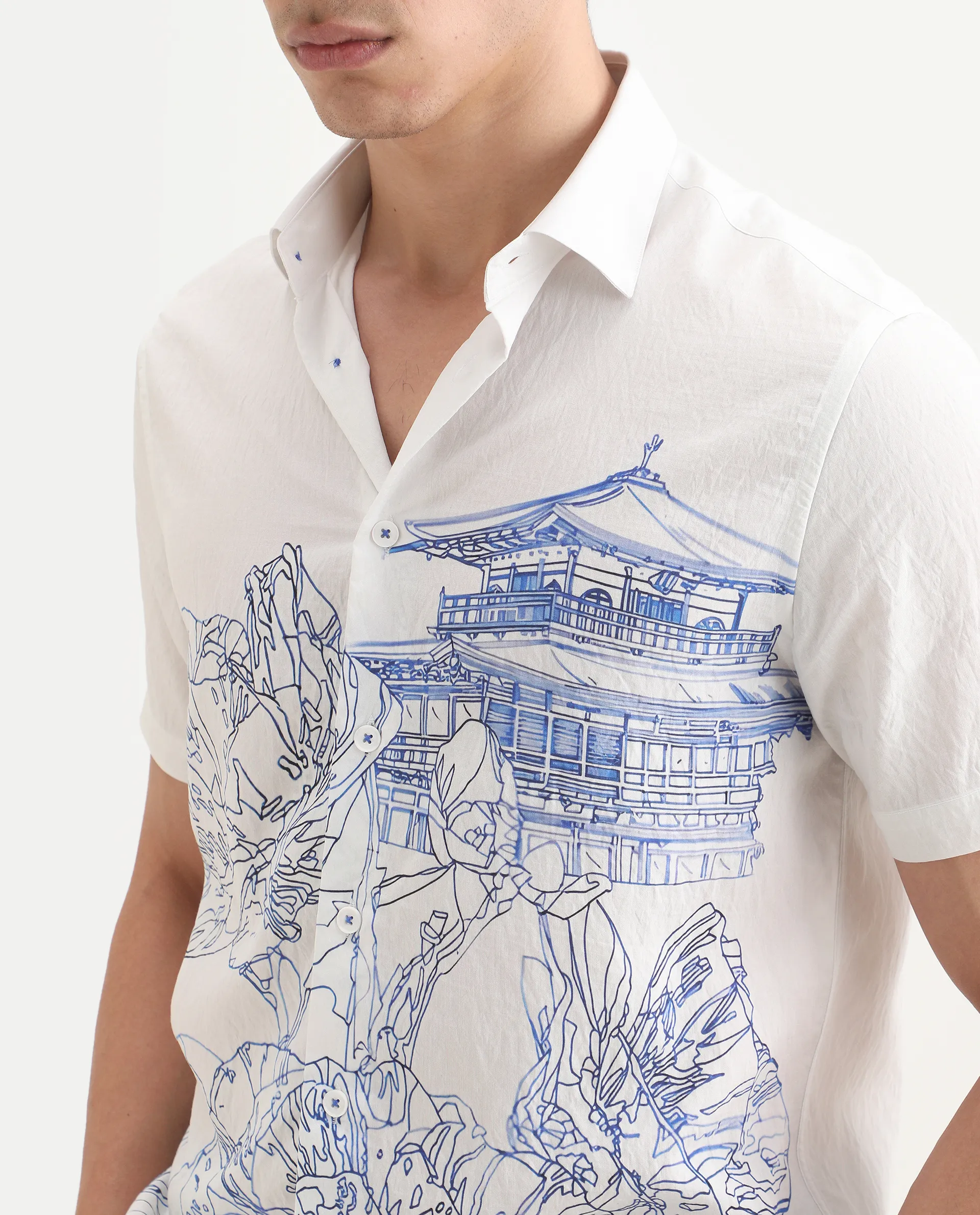 Rare Rabbit Men's Peine White Cotton Fabric Half Sleeve Spread Collar Regular Fit Graphic Print Shirt - Image 5
