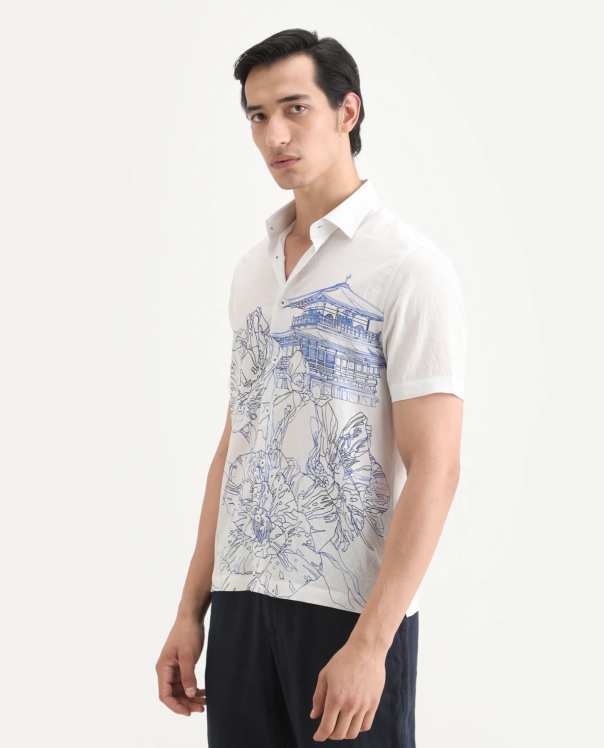 Rare Rabbit Men's Peine White Cotton Fabric Half Sleeve Spread Collar Regular Fit Graphic Print Shirt - Image 6