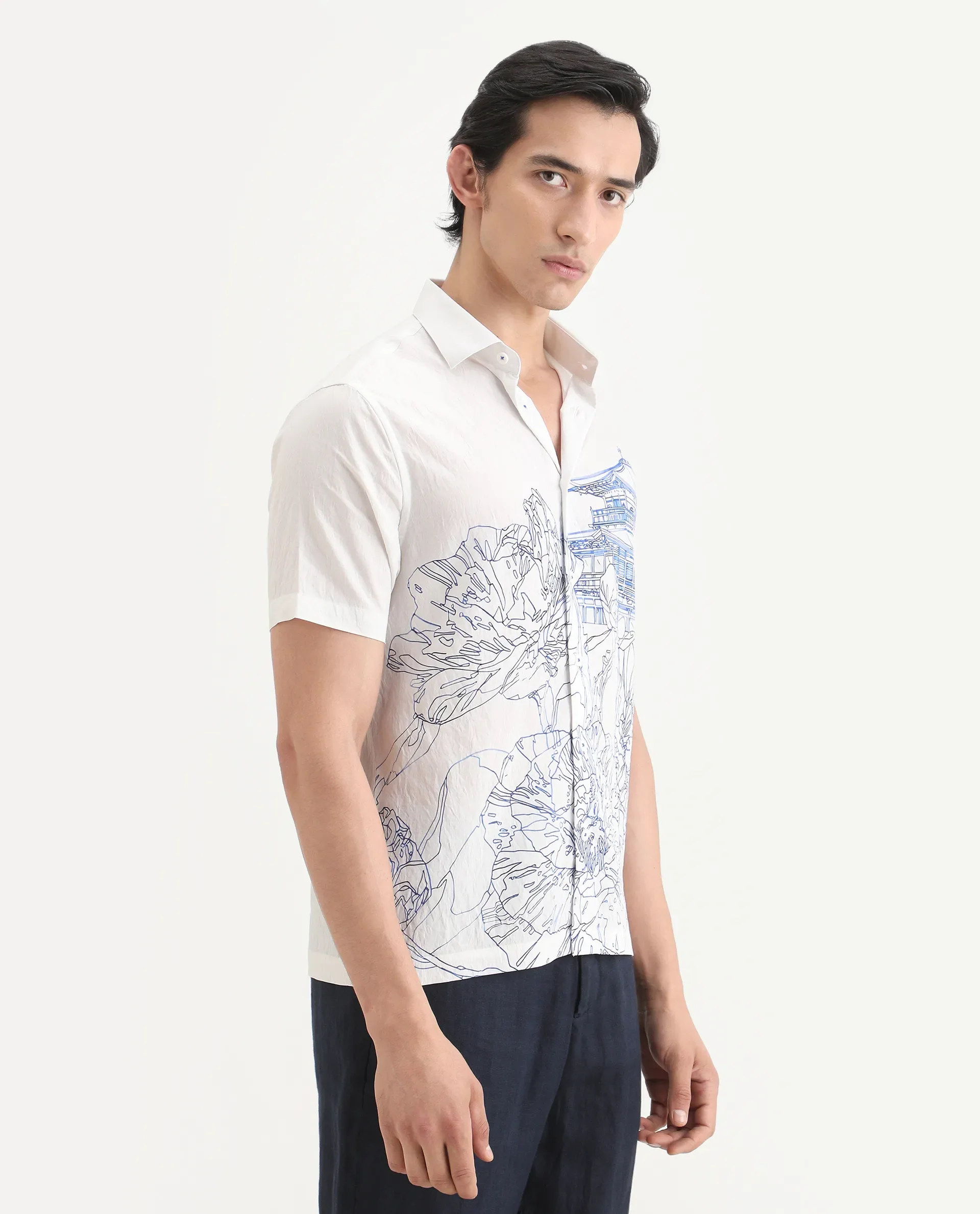Rare Rabbit Men's Peine White Cotton Fabric Half Sleeve Spread Collar Regular Fit Graphic Print Shirt - Image 7