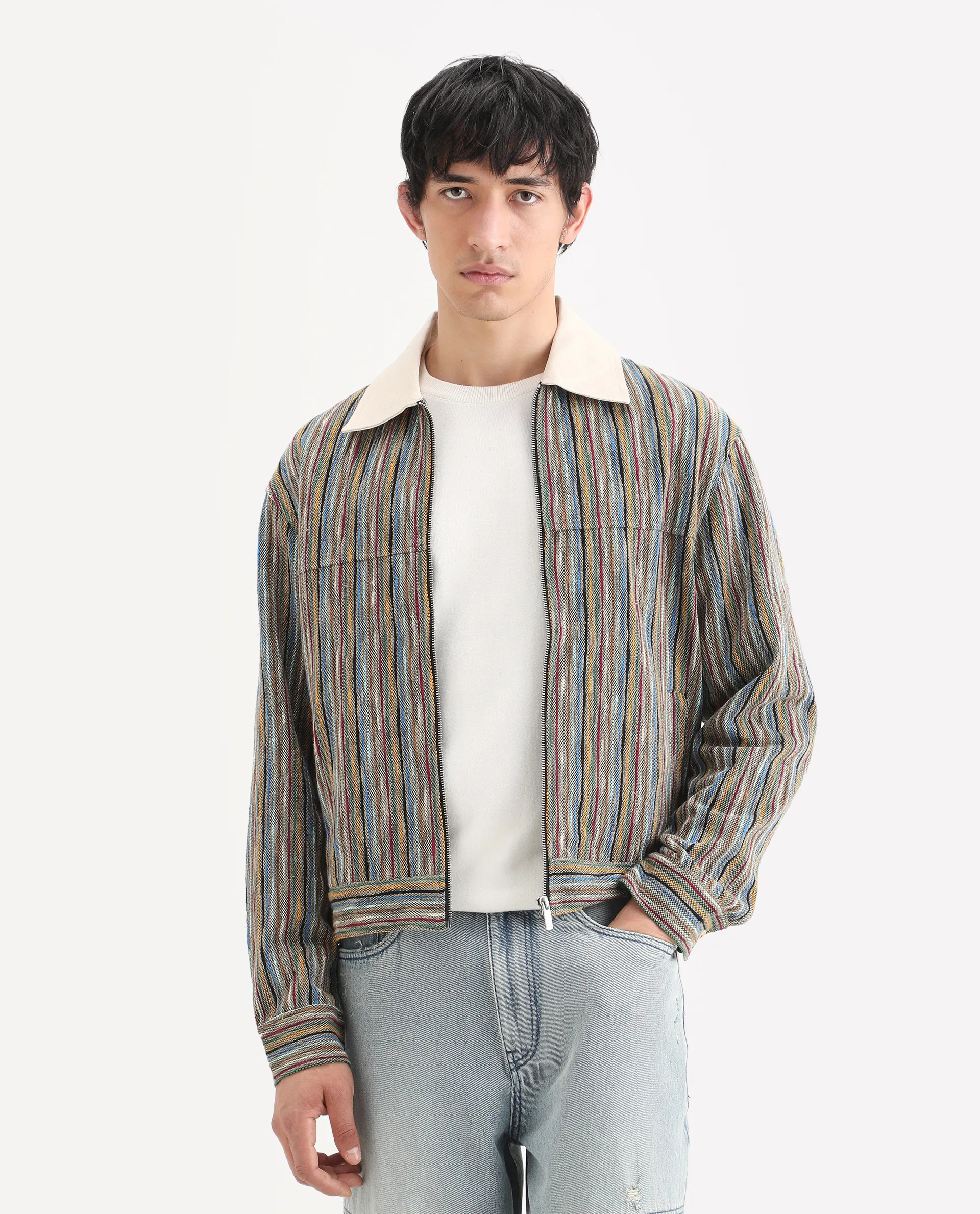 Rare Rabbit Men's Pelden J Light Brown Viscose Blend Striped Print Boxy Fit Full Sleeve Collared Shacket - Image 3