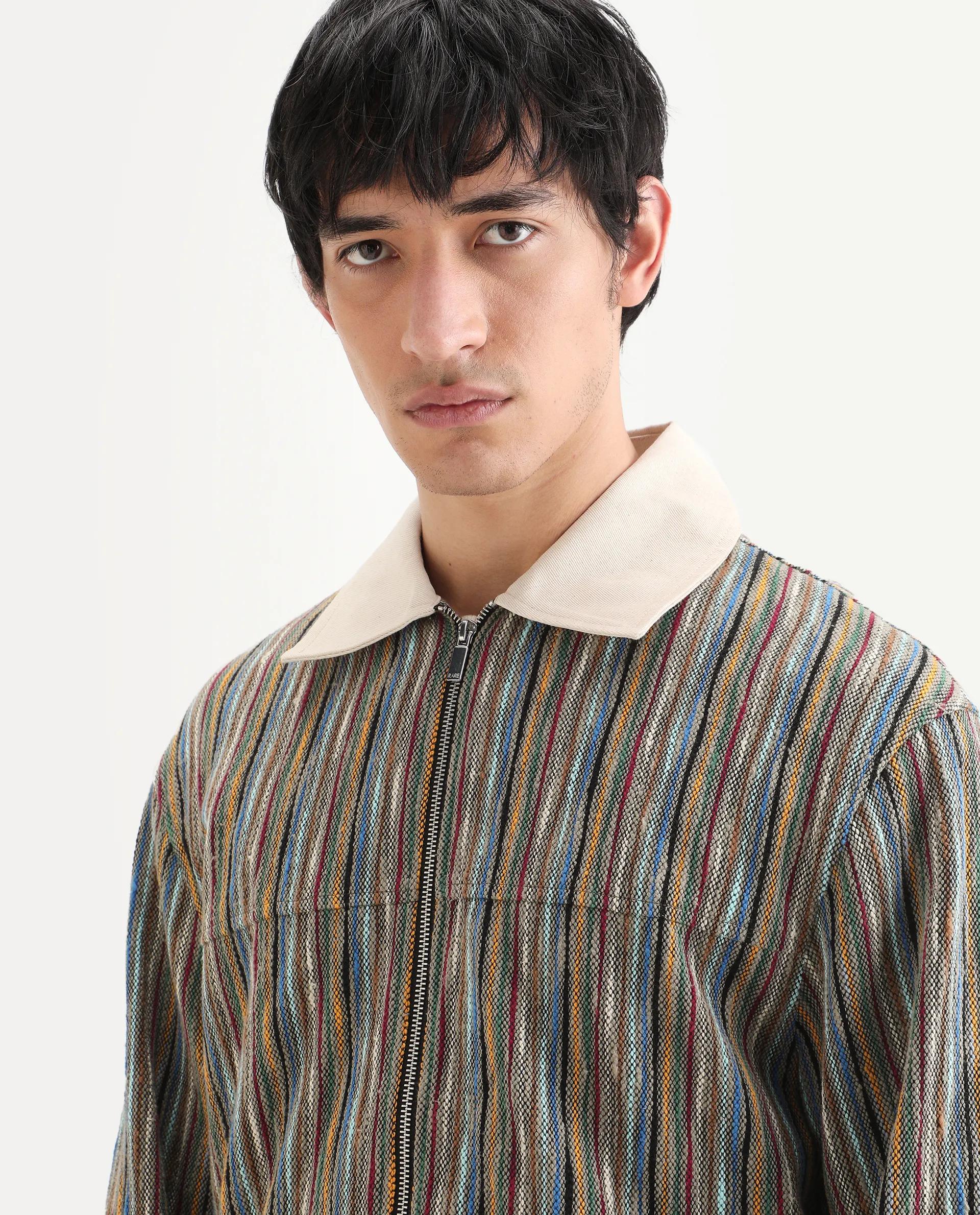 Rare Rabbit Men's Pelden J Light Brown Viscose Blend Striped Print Boxy Fit Full Sleeve Collared Shacket - Image 4
