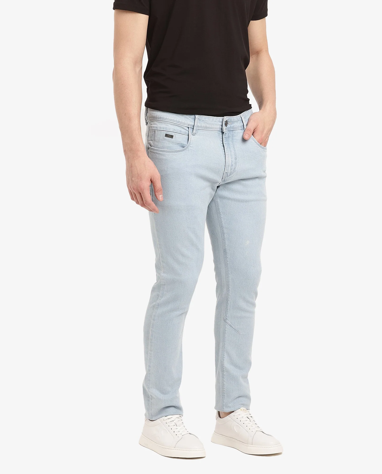 Rare Rabbit Men's Pelin Light Blue Cotton Blend Plain Hawk Slim Fit Jeans