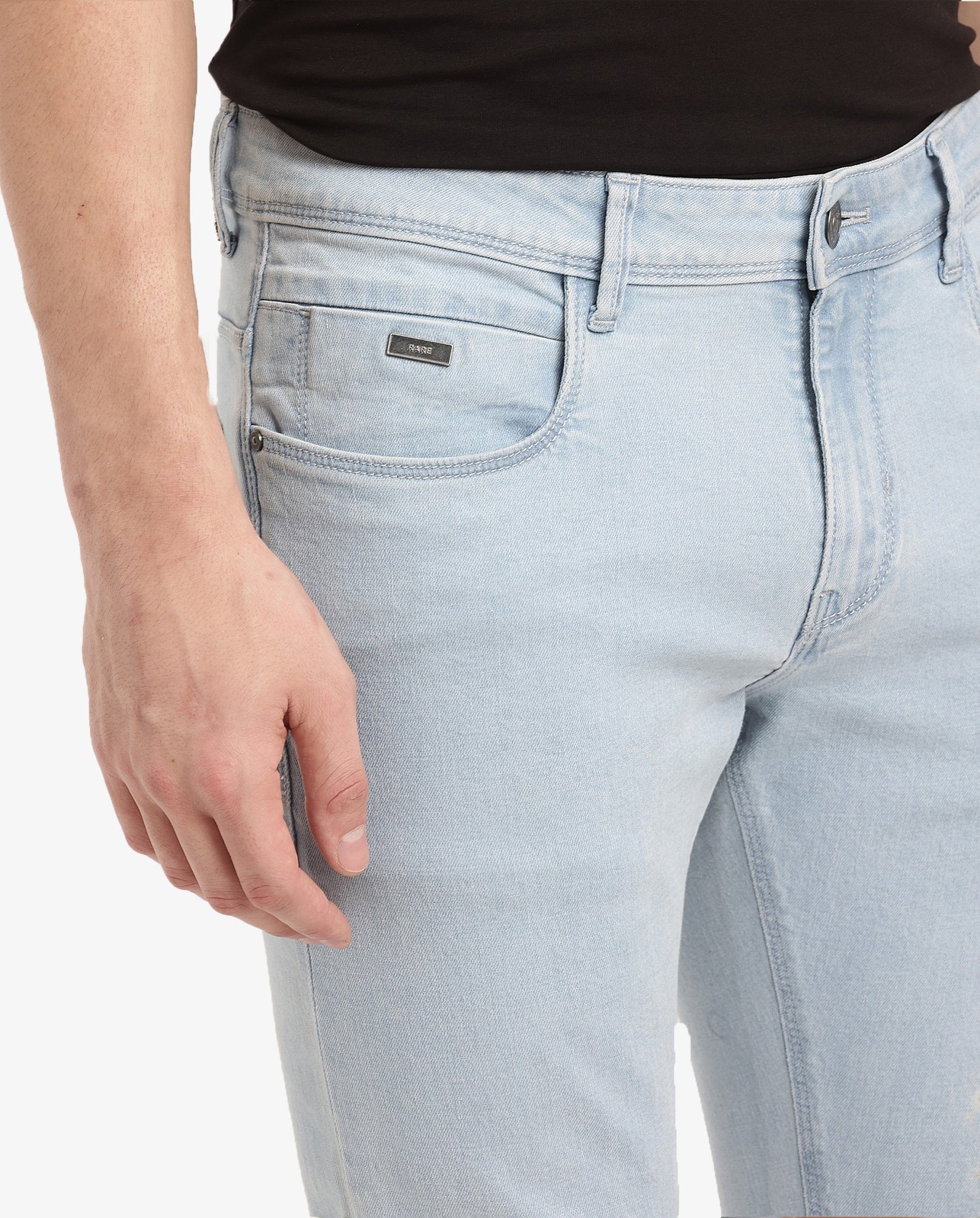Rare Rabbit Men's Pelin Light Blue Cotton Blend Plain Hawk Slim Fit Jeans - Image 3