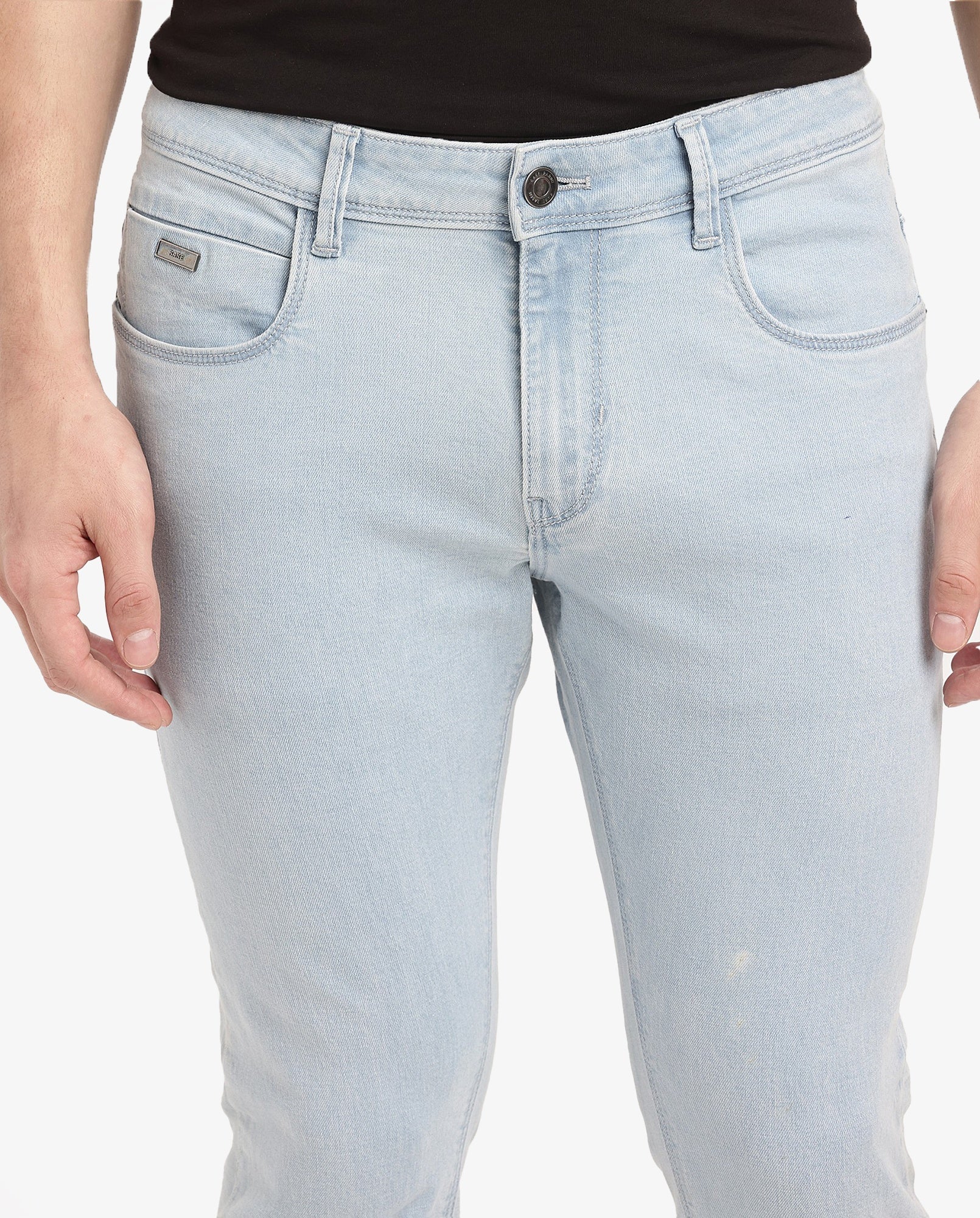 Rare Rabbit Men's Pelin Light Blue Cotton Blend Plain Hawk Slim Fit Jeans - Image 4