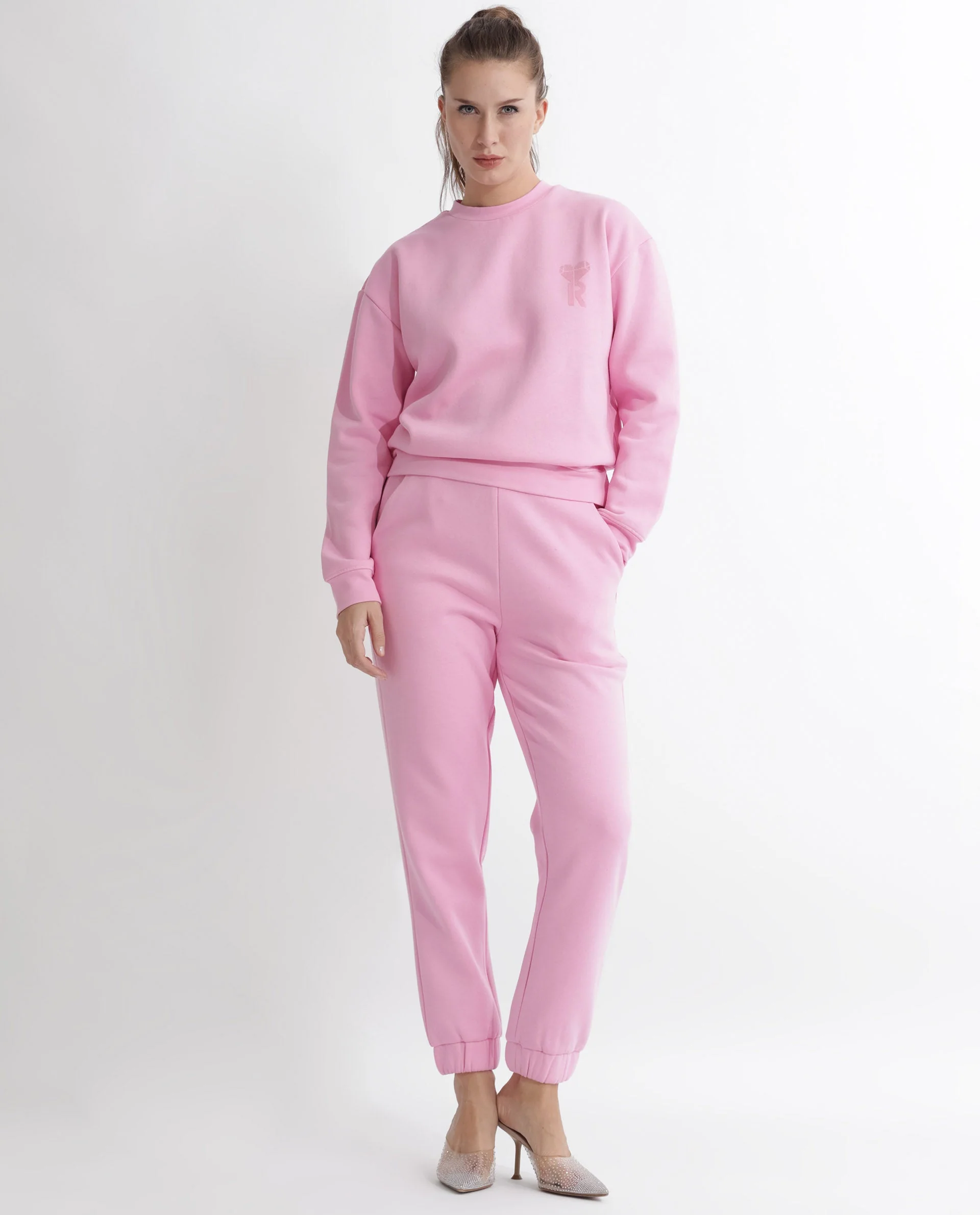Rareism Women's Pelser Light Pink Polyester Blend Ribbed Collar Plain Cuffed Sleeve Relaxed Fit Sweatshirt - Image 10
