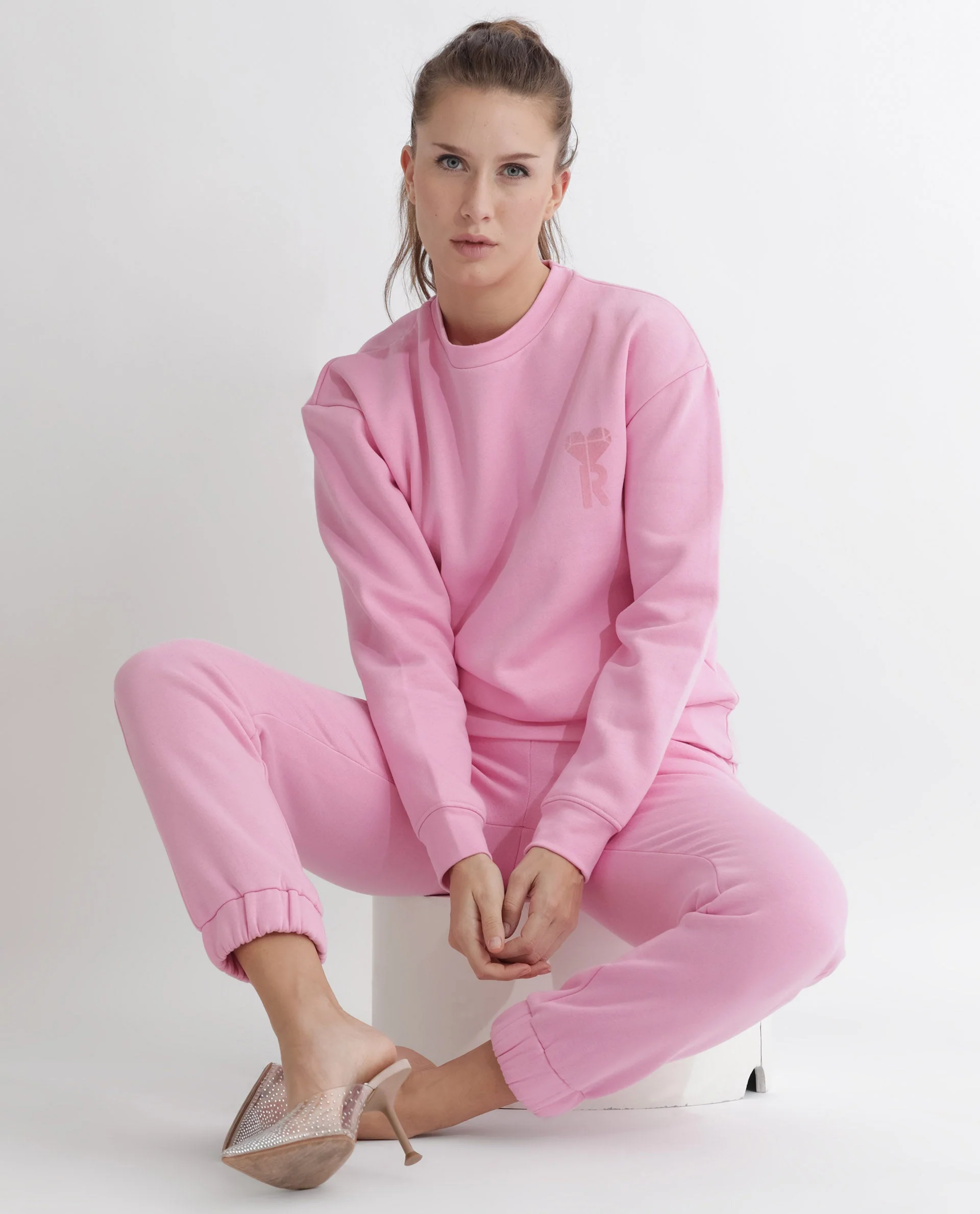 Rareism Women's Pelser Light Pink Polyester Blend Ribbed Collar Plain Cuffed Sleeve Relaxed Fit Sweatshirt - Image 3