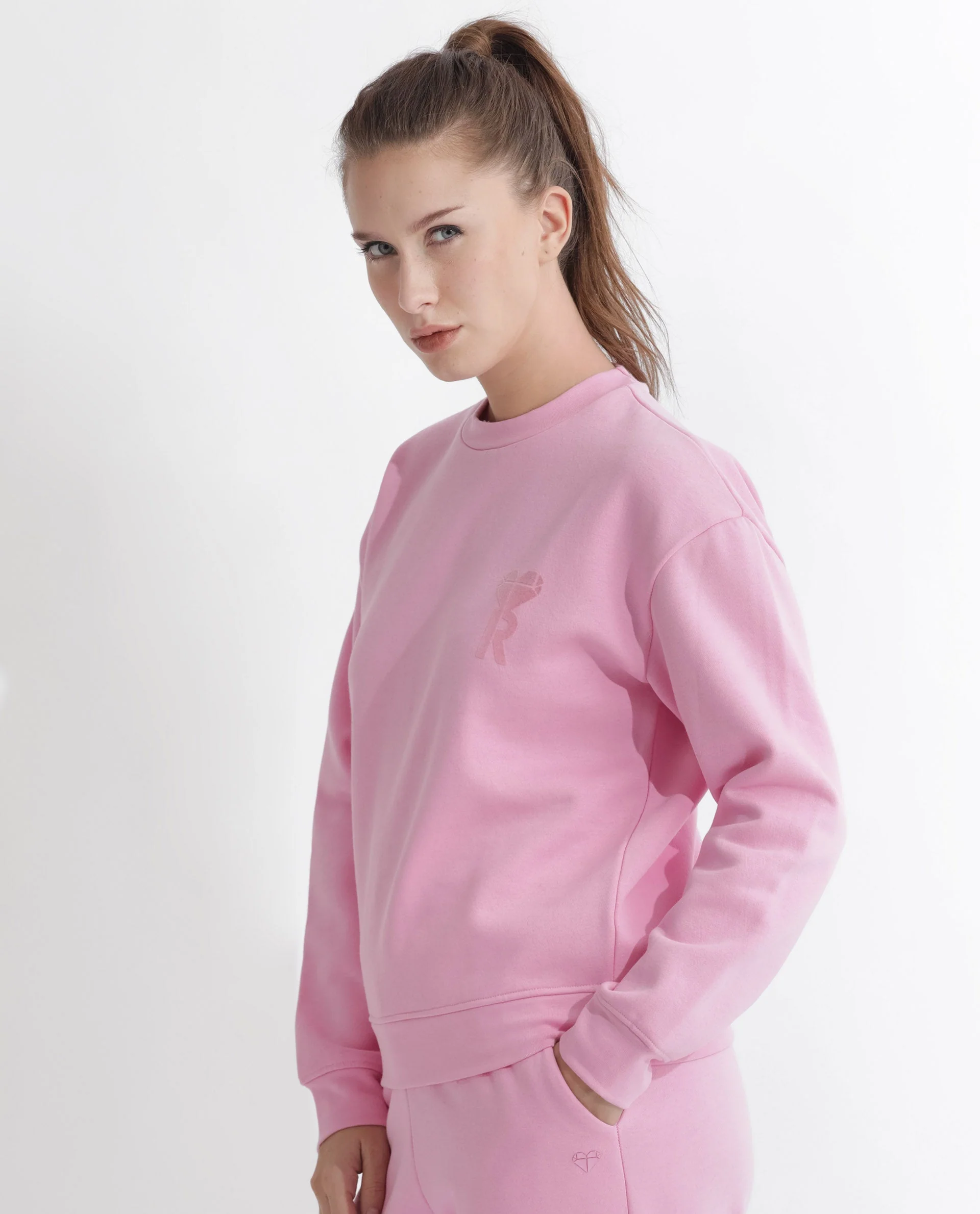 Rareism Women's Pelser Light Pink Polyester Blend Ribbed Collar Plain Cuffed Sleeve Relaxed Fit Sweatshirt - Image 7