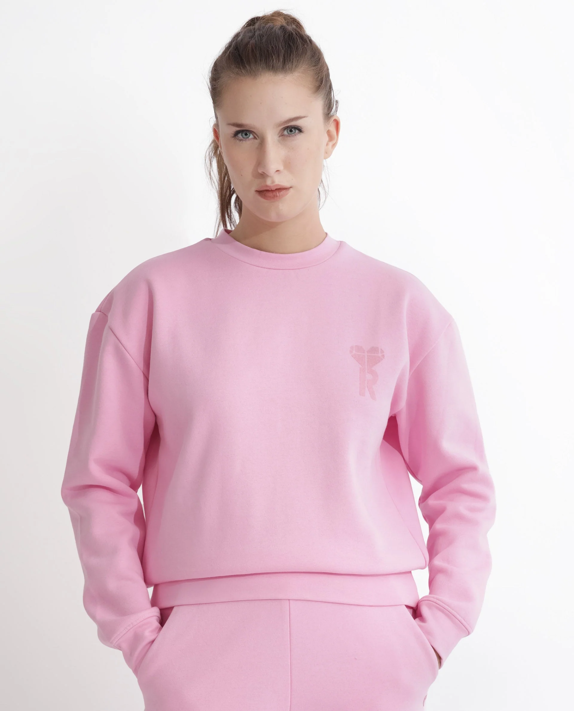 Rareism Women's Pelser Light Pink Polyester Blend Ribbed Collar Plain Cuffed Sleeve Relaxed Fit Sweatshirt - Image 9
