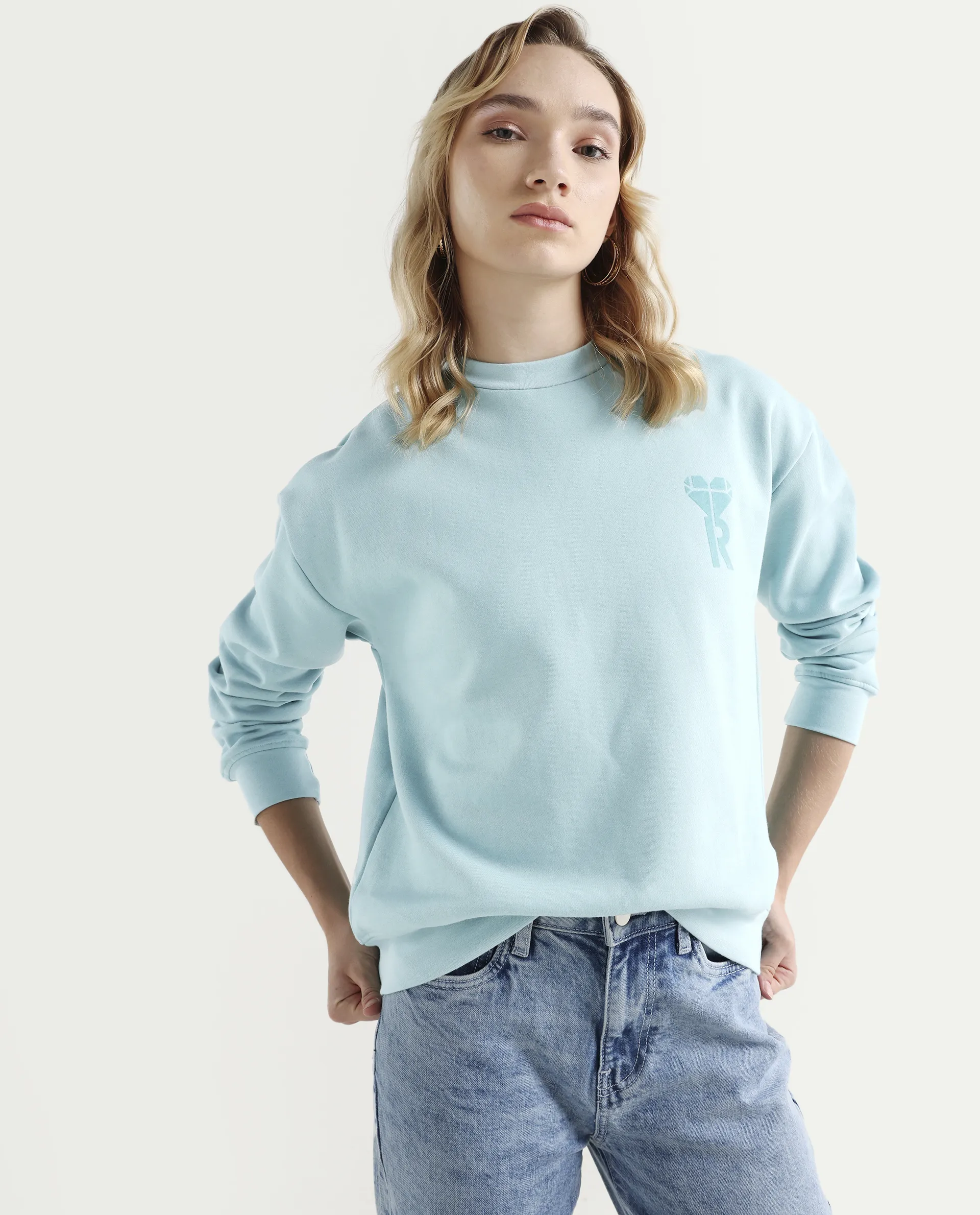 Rareism Women's Pelso Turq Polyester Blend Ribbed Collar Plain Cuffed Sleeve Relaxed Fit Sweatshirt