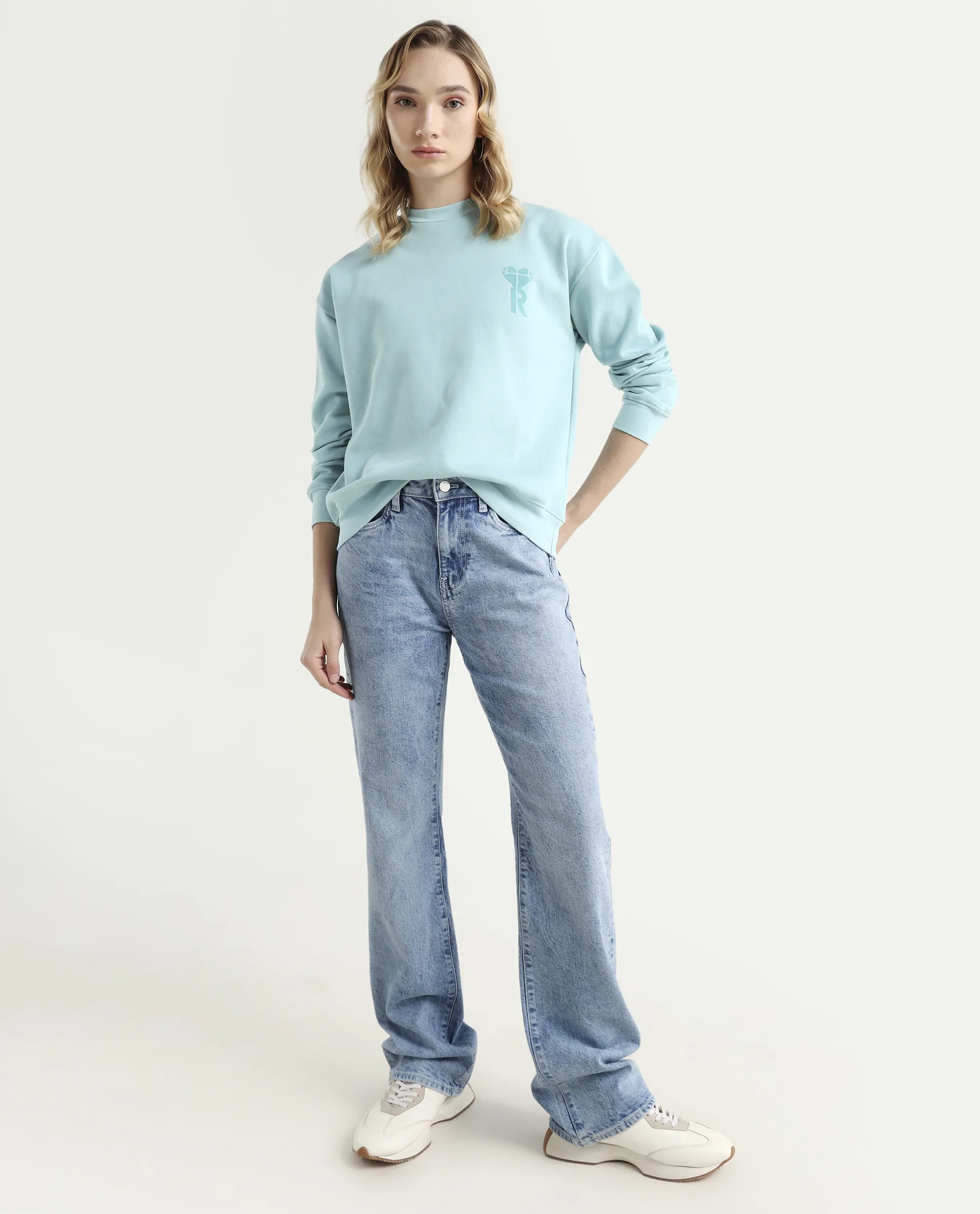 Rareism Women's Pelso Turq Polyester Blend Ribbed Collar Plain Cuffed Sleeve Relaxed Fit Sweatshirt - Image 2