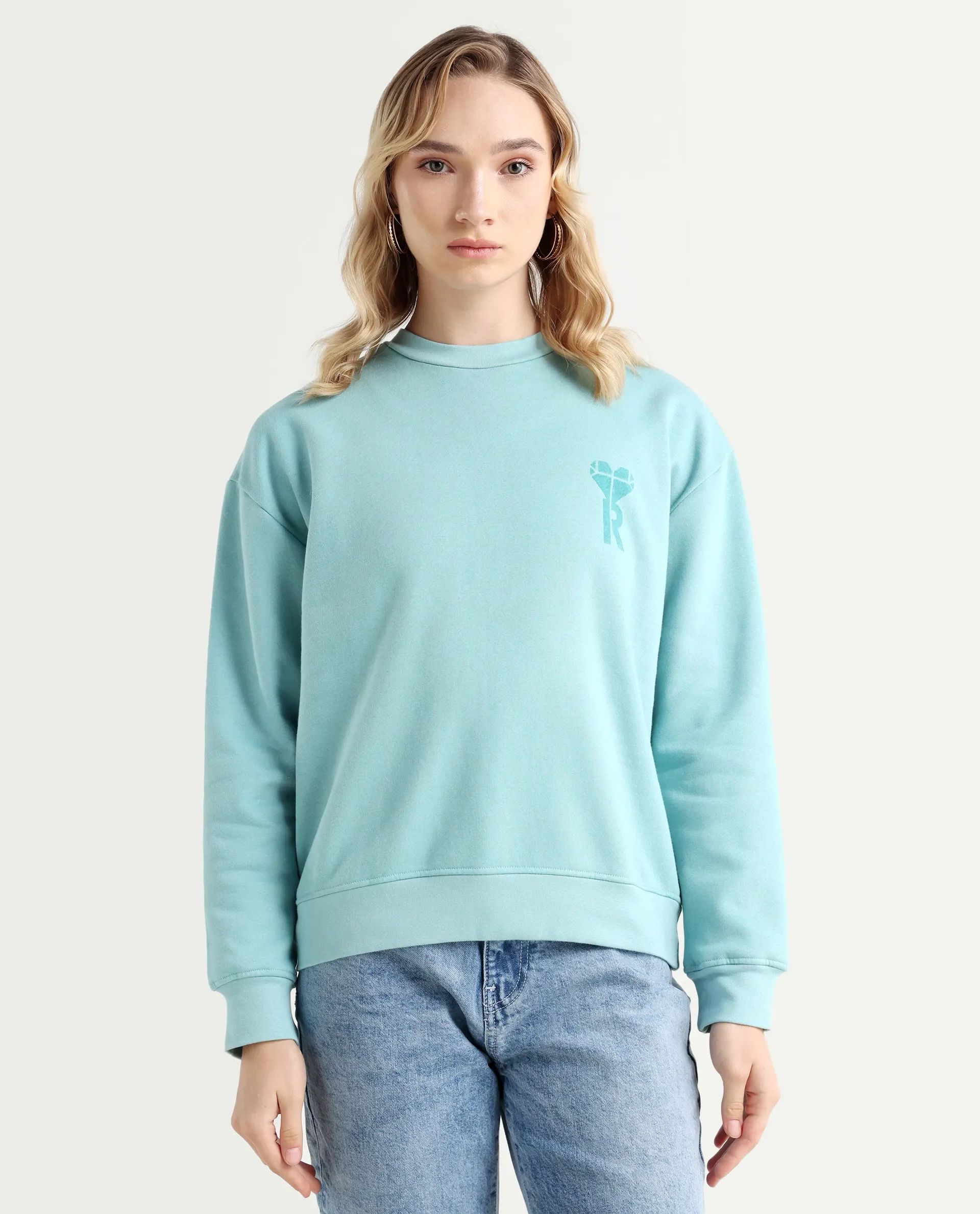 Rareism Women's Pelso Turq Polyester Blend Ribbed Collar Plain Cuffed Sleeve Relaxed Fit Sweatshirt - Image 3