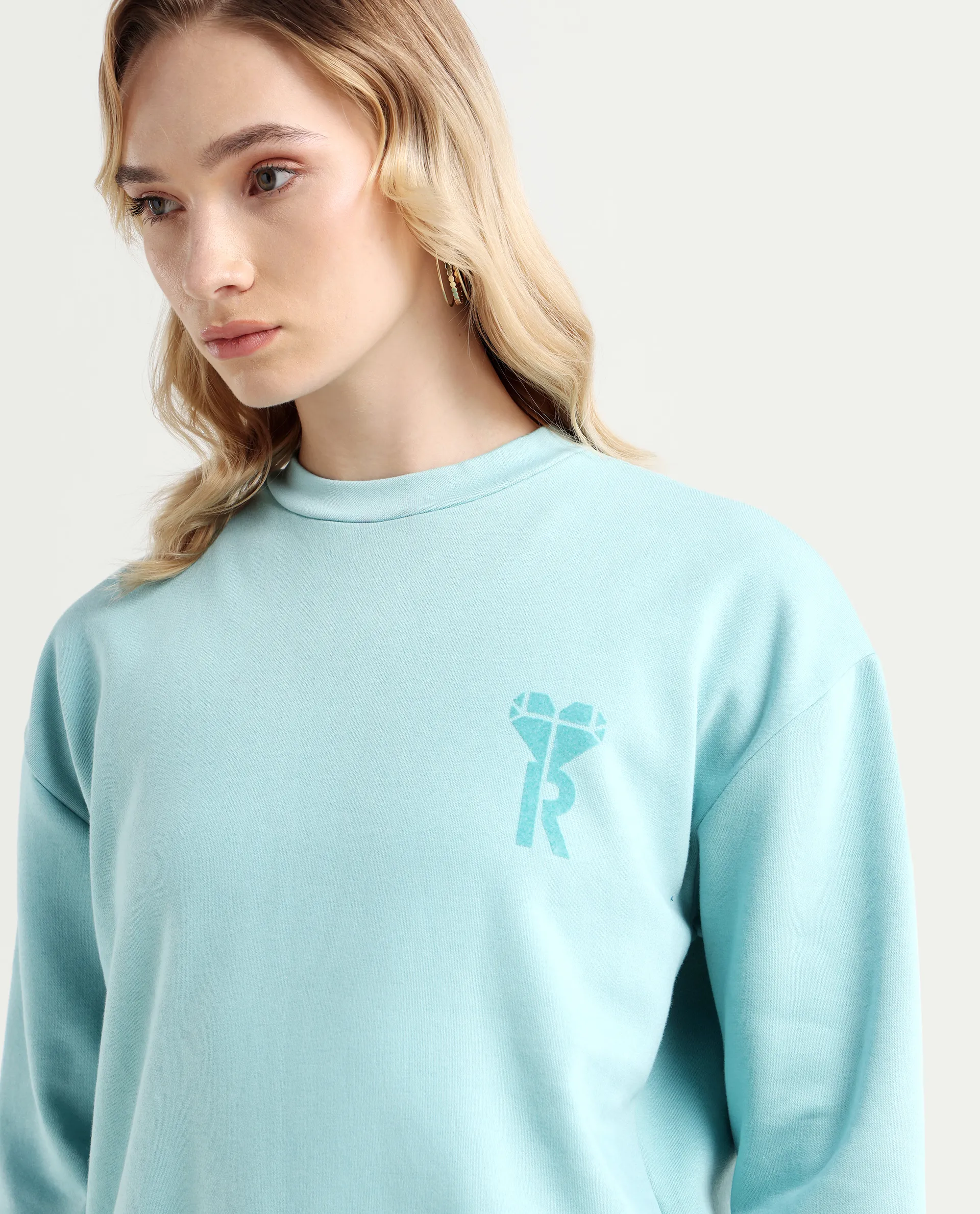 Rareism Women's Pelso Turq Polyester Blend Ribbed Collar Plain Cuffed Sleeve Relaxed Fit Sweatshirt - Image 4