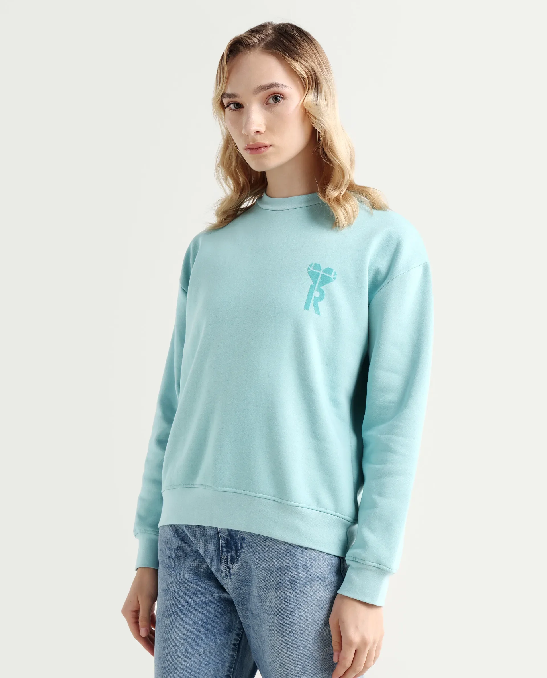 Rareism Women's Pelso Turq Polyester Blend Ribbed Collar Plain Cuffed Sleeve Relaxed Fit Sweatshirt - Image 5