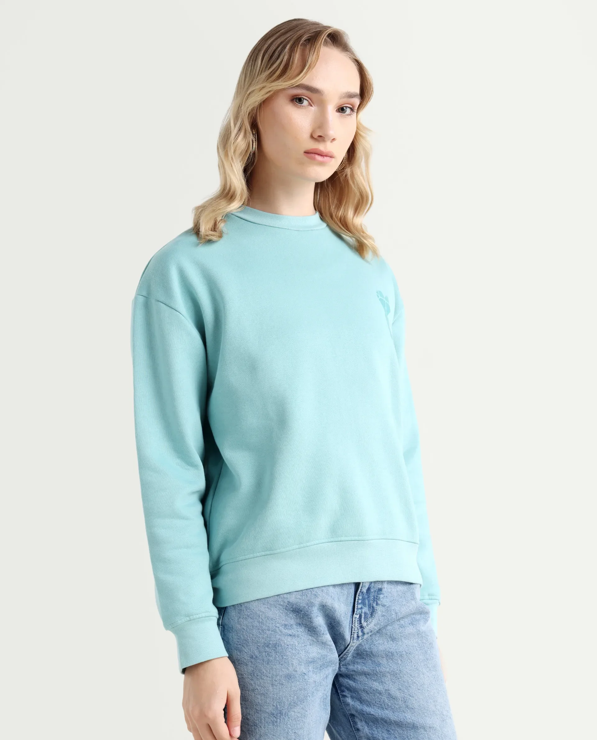 Rareism Women's Pelso Turq Polyester Blend Ribbed Collar Plain Cuffed Sleeve Relaxed Fit Sweatshirt - Image 6