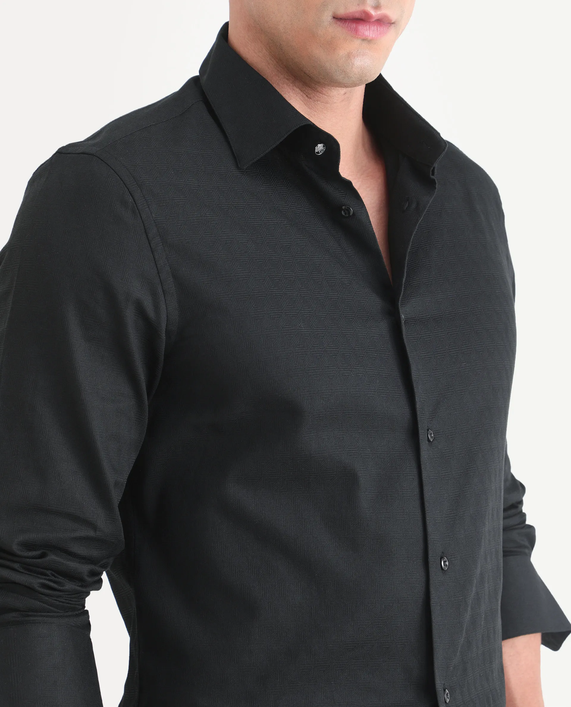 Rare Rabbit Men's Pemo Black Cotton Full Sleeve Spread Collar Regular Fit Jacquard Shirt - Image 3