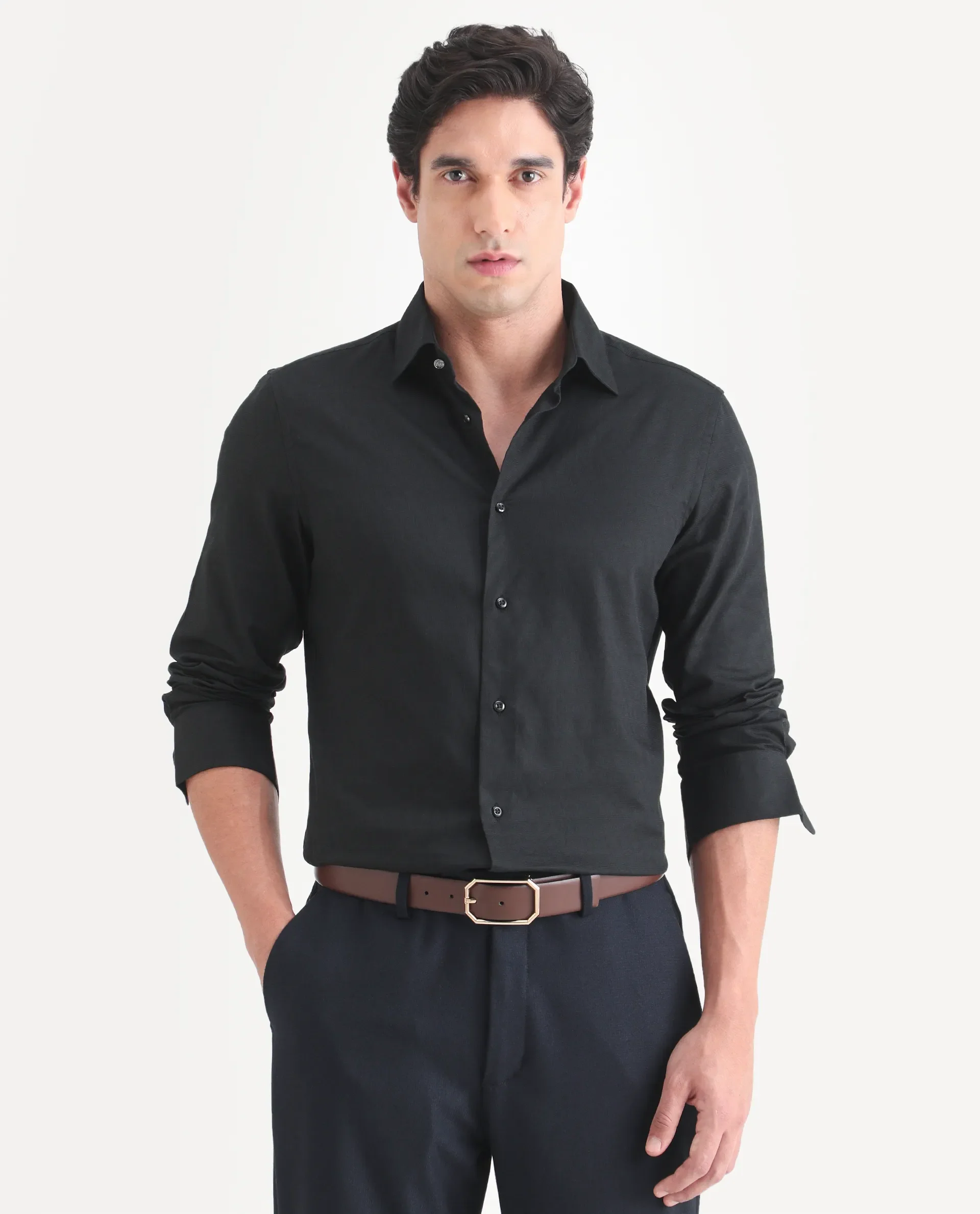 Rare Rabbit Men's Pemo Black Cotton Full Sleeve Spread Collar Regular Fit Jacquard Shirt - Image 4
