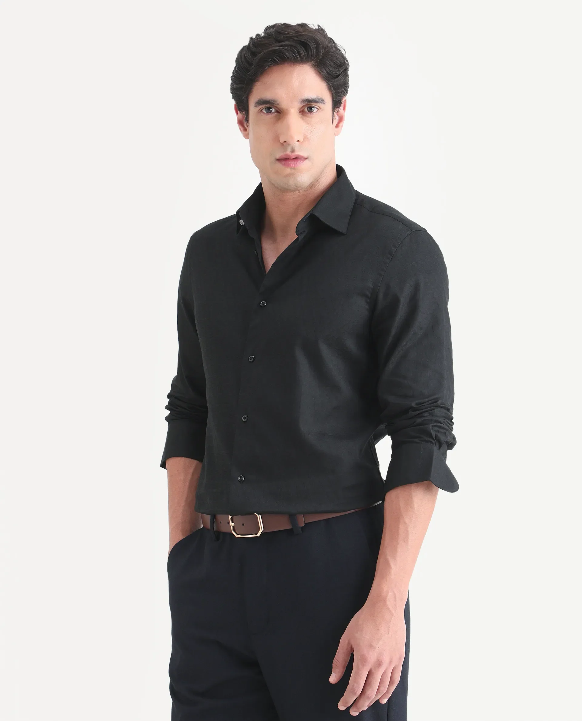 Rare Rabbit Men's Pemo Black Cotton Full Sleeve Spread Collar Regular Fit Jacquard Shirt - Image 5