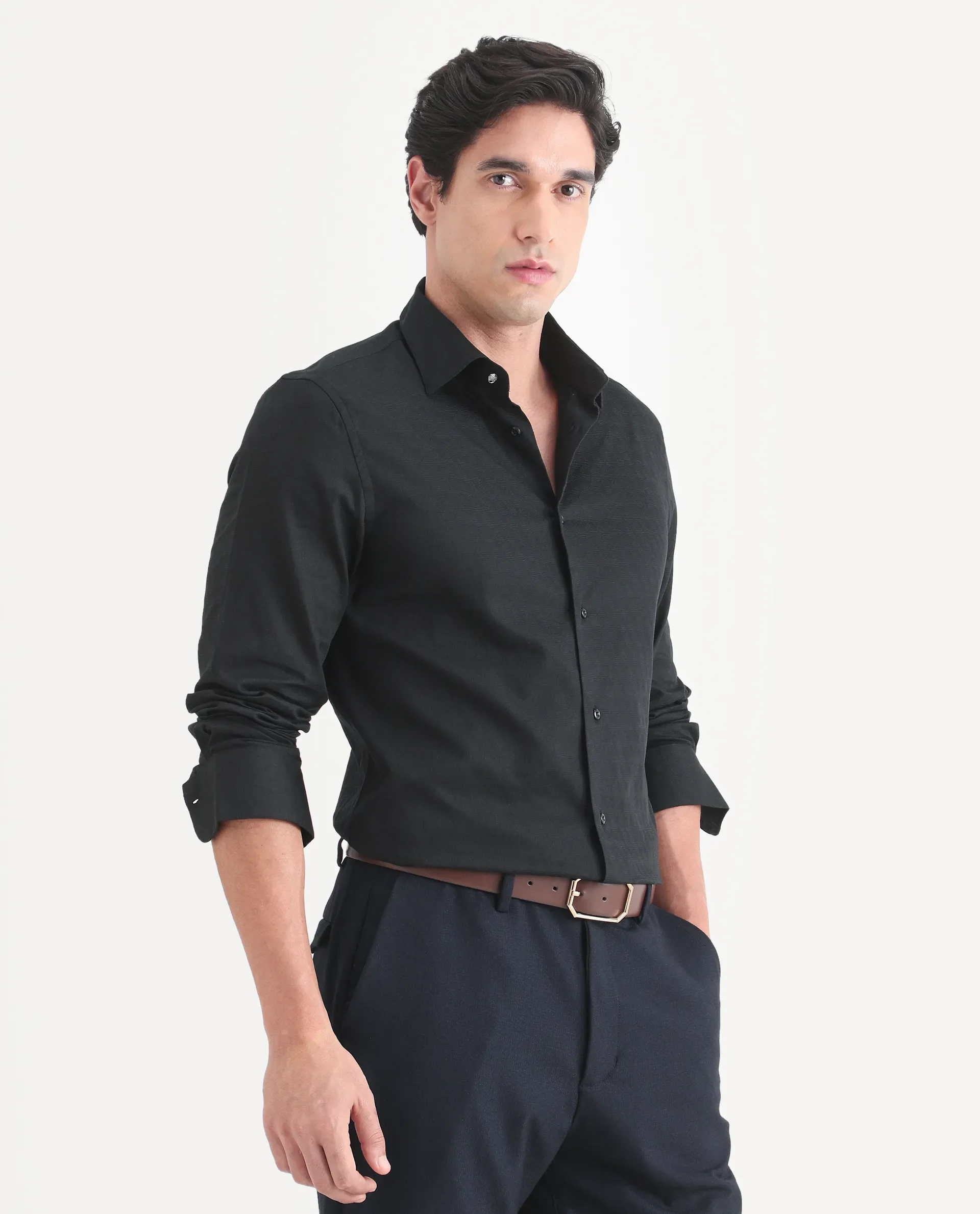 Rare Rabbit Men's Pemo Black Cotton Full Sleeve Spread Collar Regular Fit Jacquard Shirt - Image 6