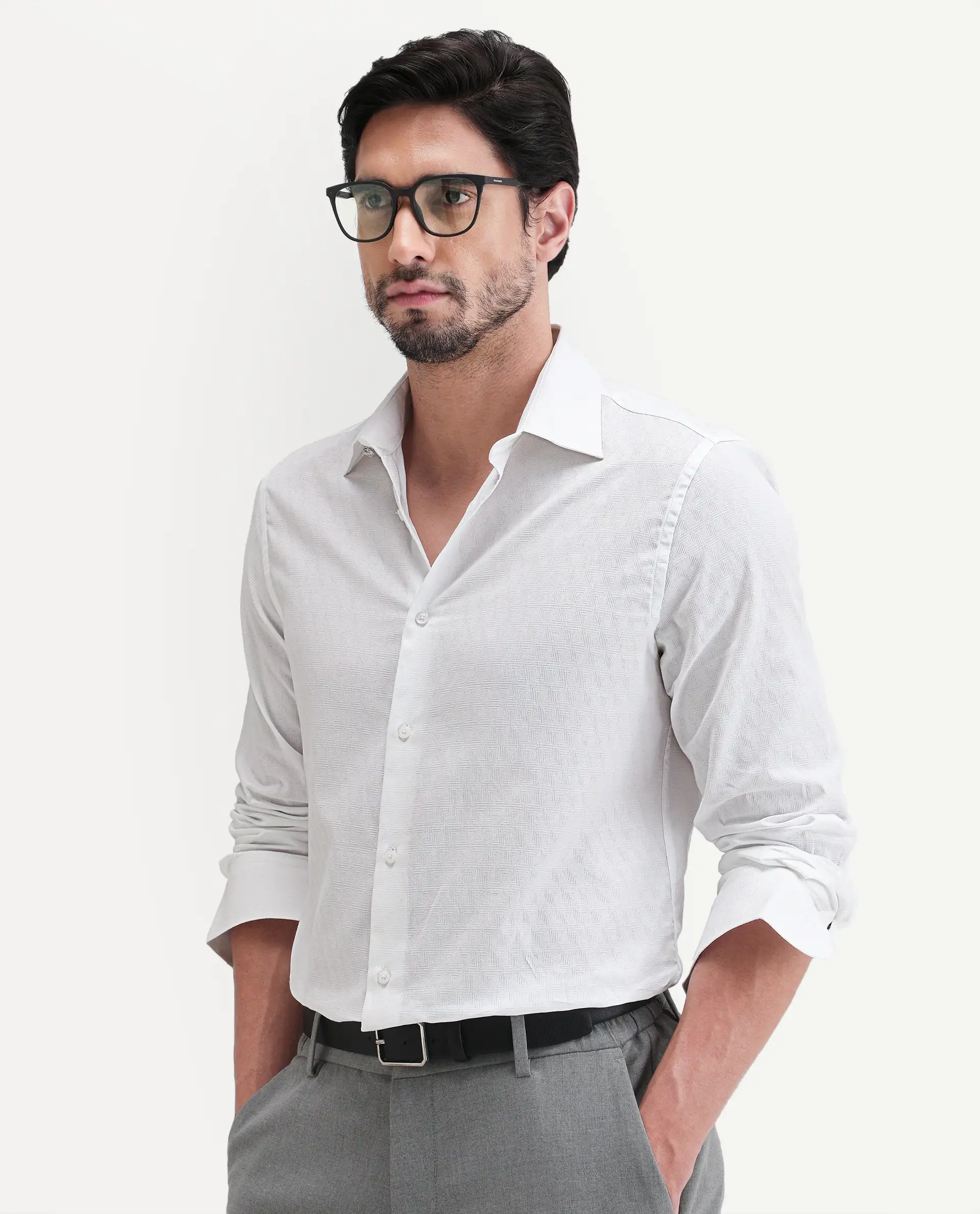 Rare Rabbit Men's Pemo White Cotton Full Sleeve Spread Collar Regular Fit Jacquard Shirt