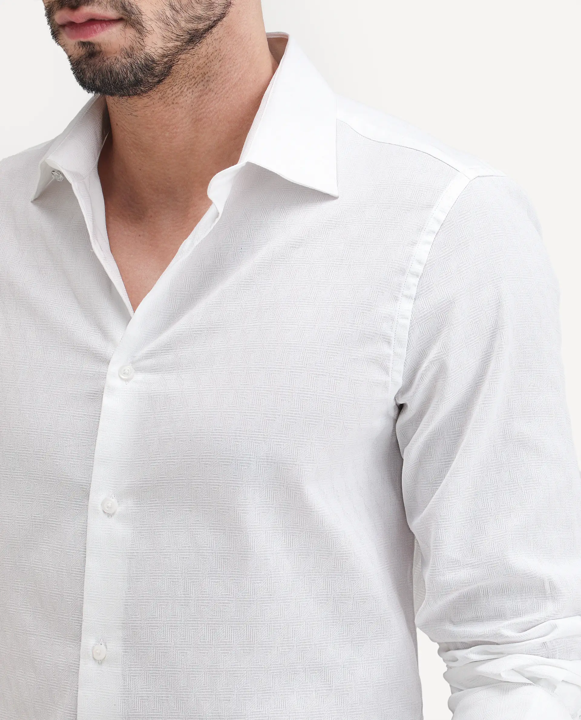 Rare Rabbit Men's Pemo White Cotton Full Sleeve Spread Collar Regular Fit Jacquard Shirt - Image 3