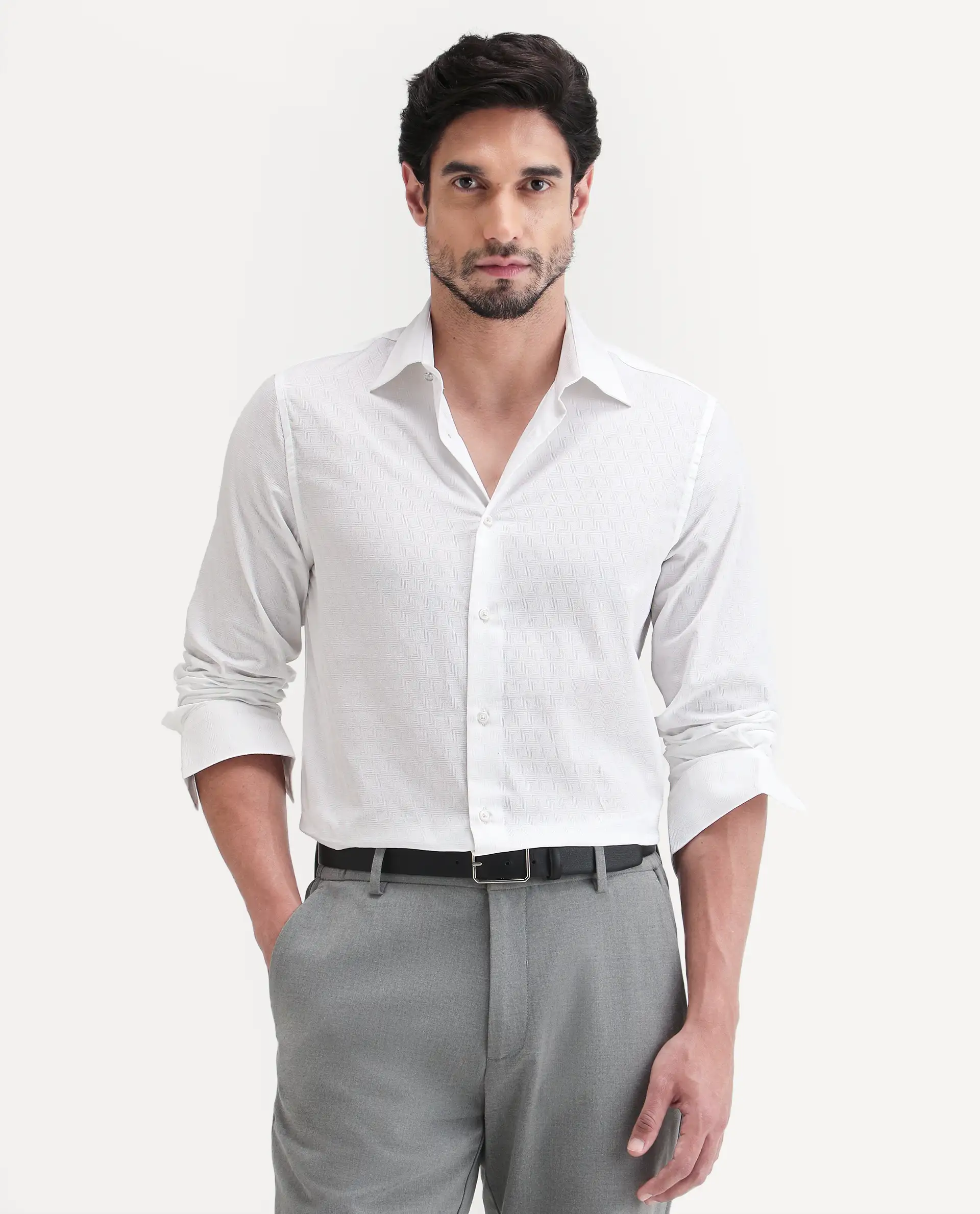 Rare Rabbit Men's Pemo White Cotton Full Sleeve Spread Collar Regular Fit Jacquard Shirt - Image 4