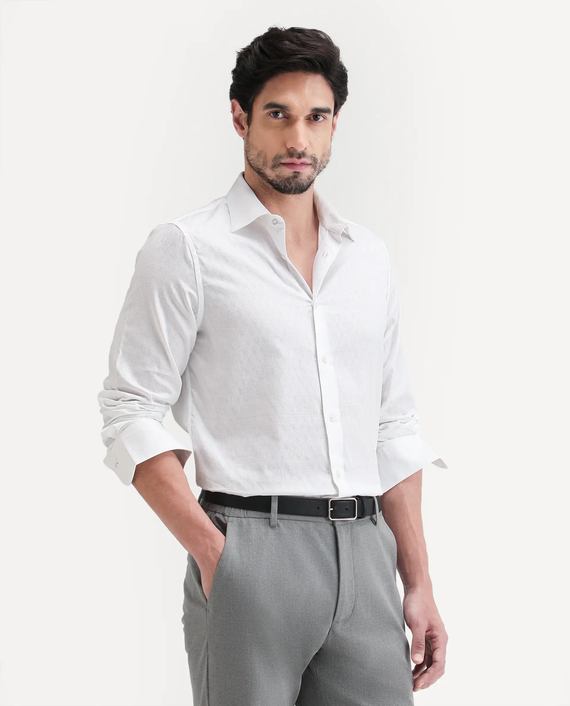 Rare Rabbit Men's Pemo White Cotton Full Sleeve Spread Collar Regular Fit Jacquard Shirt - Image 5