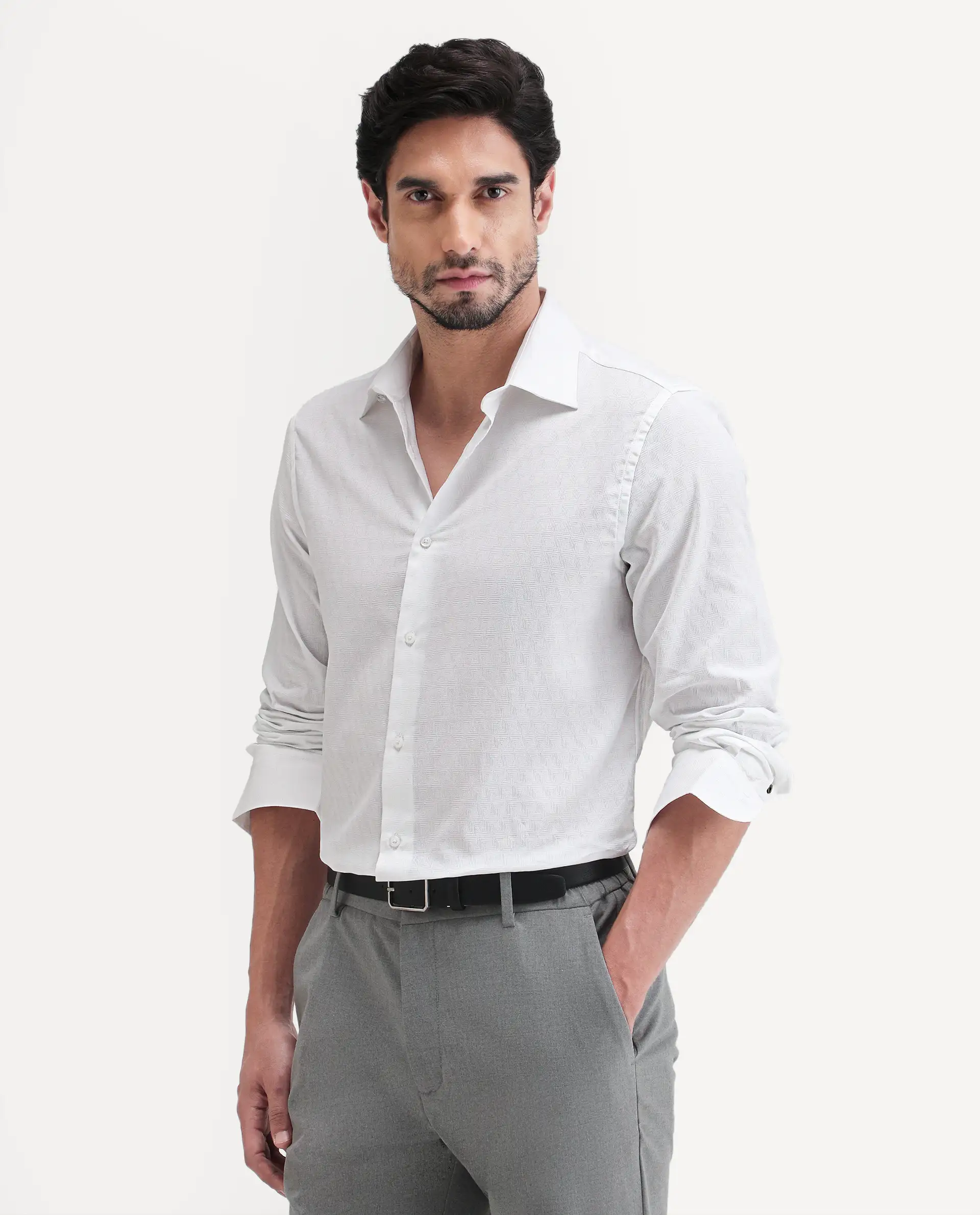 Rare Rabbit Men's Pemo White Cotton Full Sleeve Spread Collar Regular Fit Jacquard Shirt - Image 6