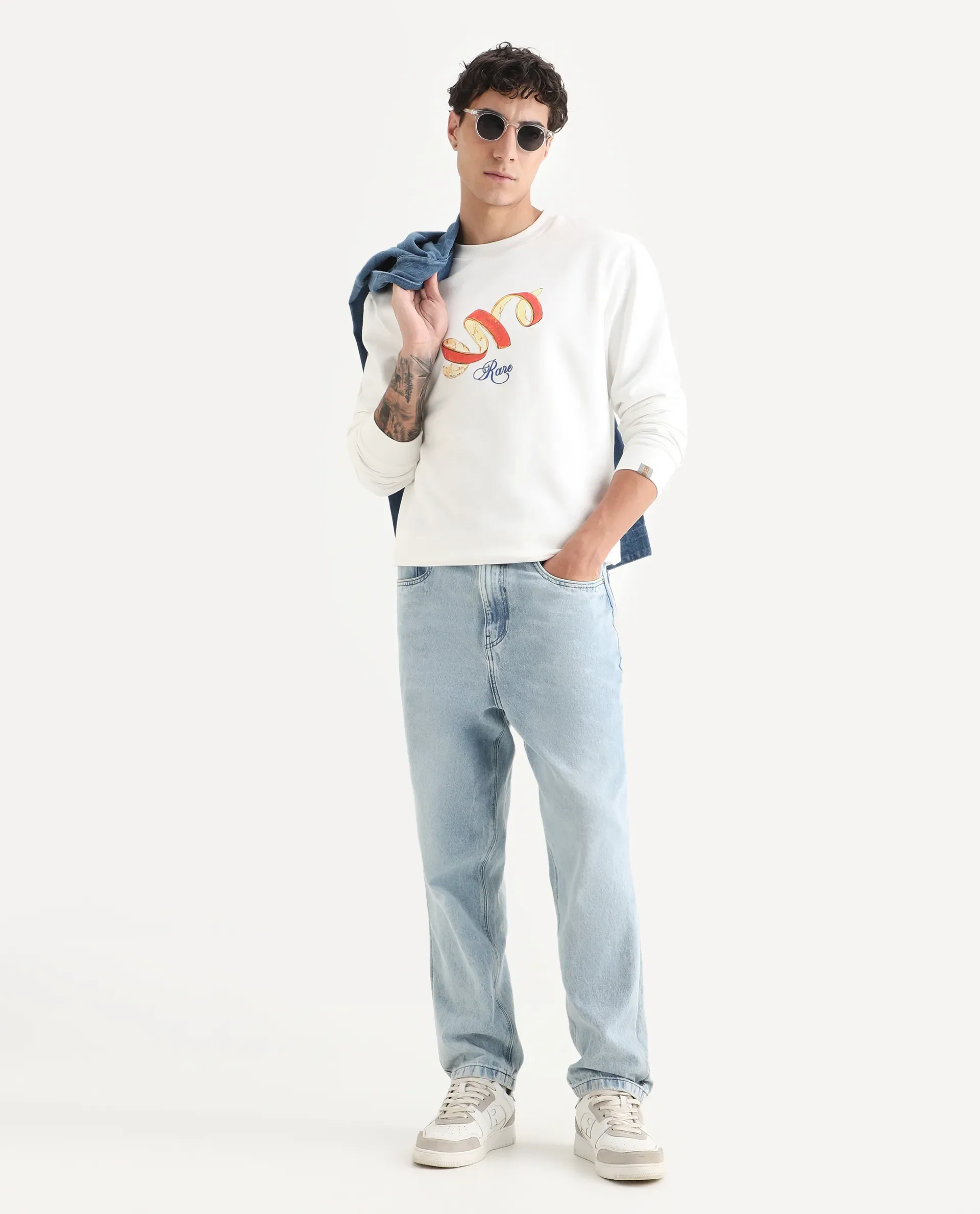 Rare Rabbit Men's Pend White Cotton Graphic Print Boxy Fit Full Sleeve Crew Neck Sweatshirt - Image 2