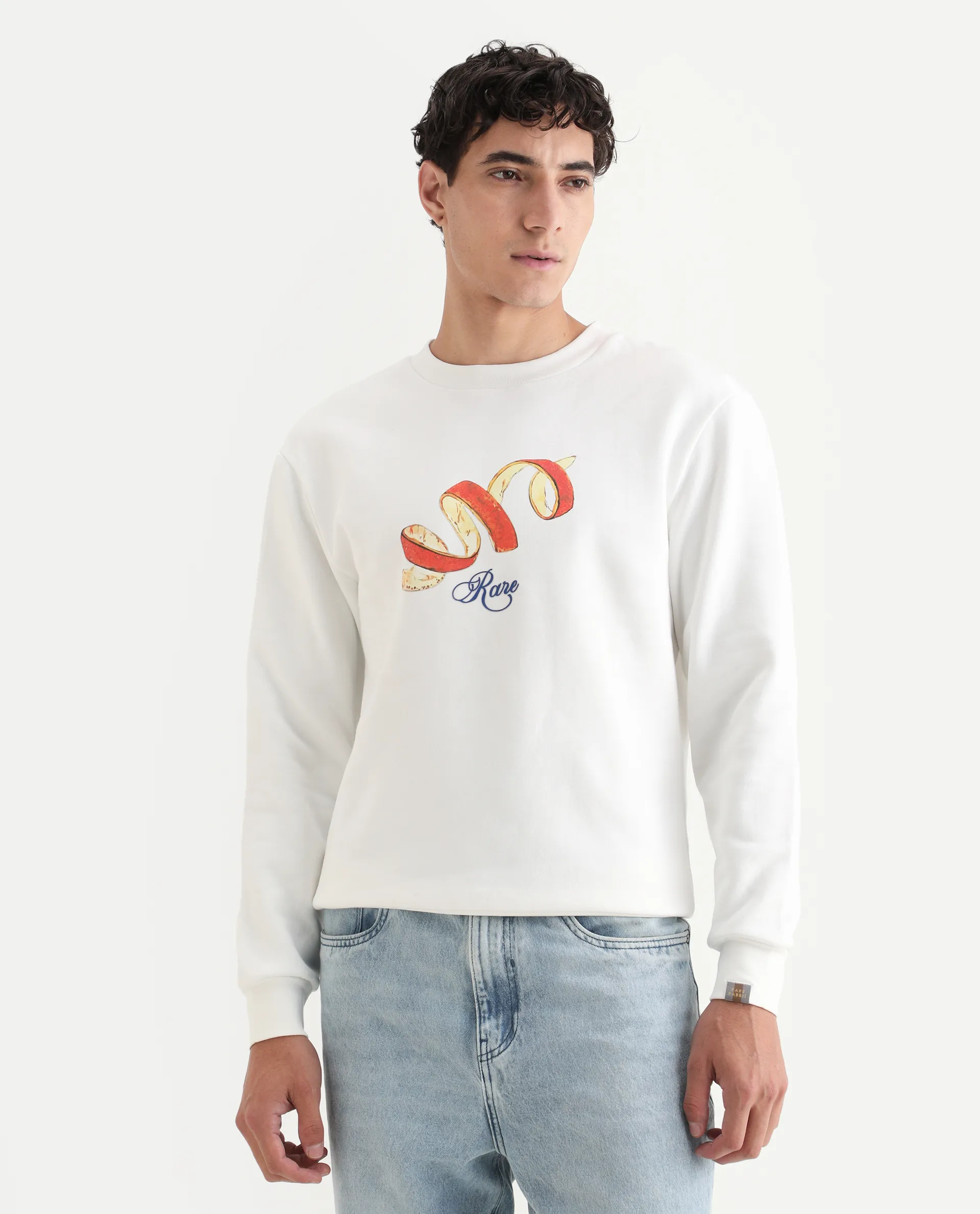 Rare Rabbit Men's Pend White Cotton Graphic Print Boxy Fit Full Sleeve Crew Neck Sweatshirt - Image 4