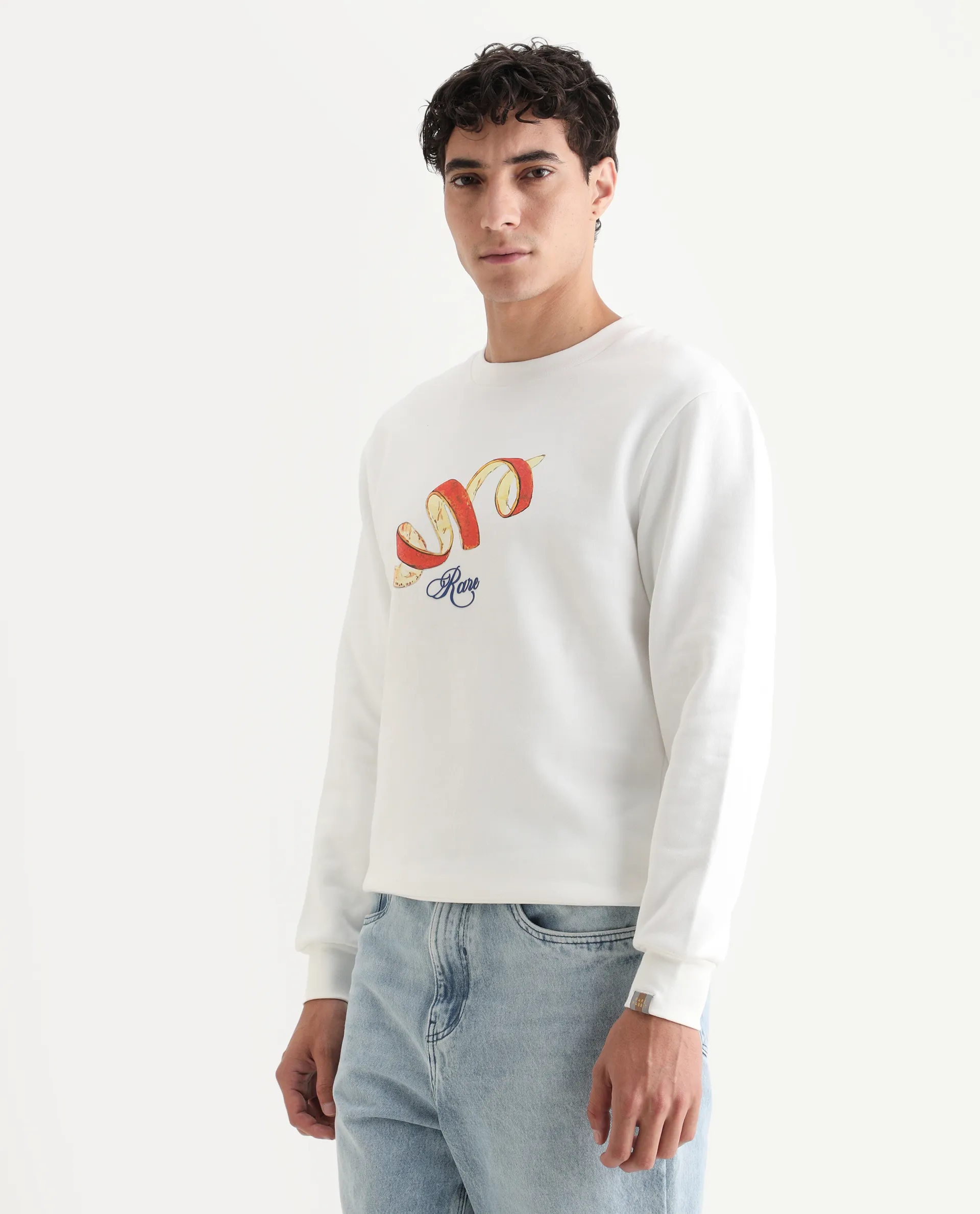 Rare Rabbit Men's Pend White Cotton Graphic Print Boxy Fit Full Sleeve Crew Neck Sweatshirt - Image 5