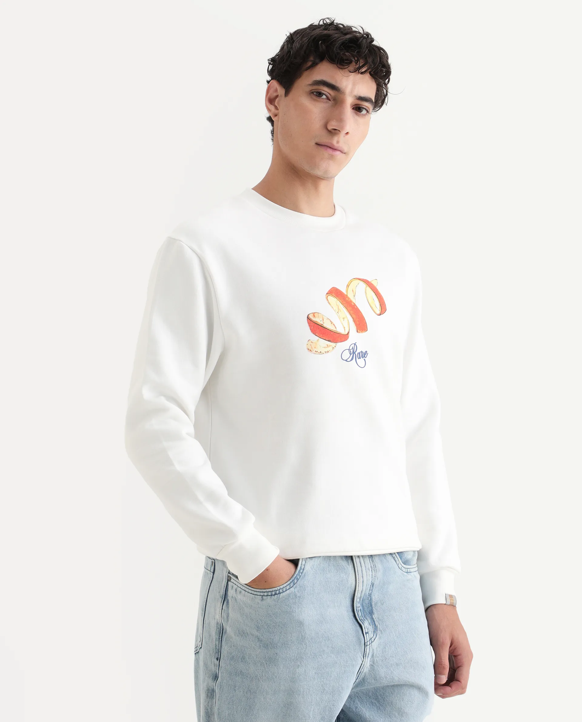 Rare Rabbit Men's Pend White Cotton Graphic Print Boxy Fit Full Sleeve Crew Neck Sweatshirt - Image 6